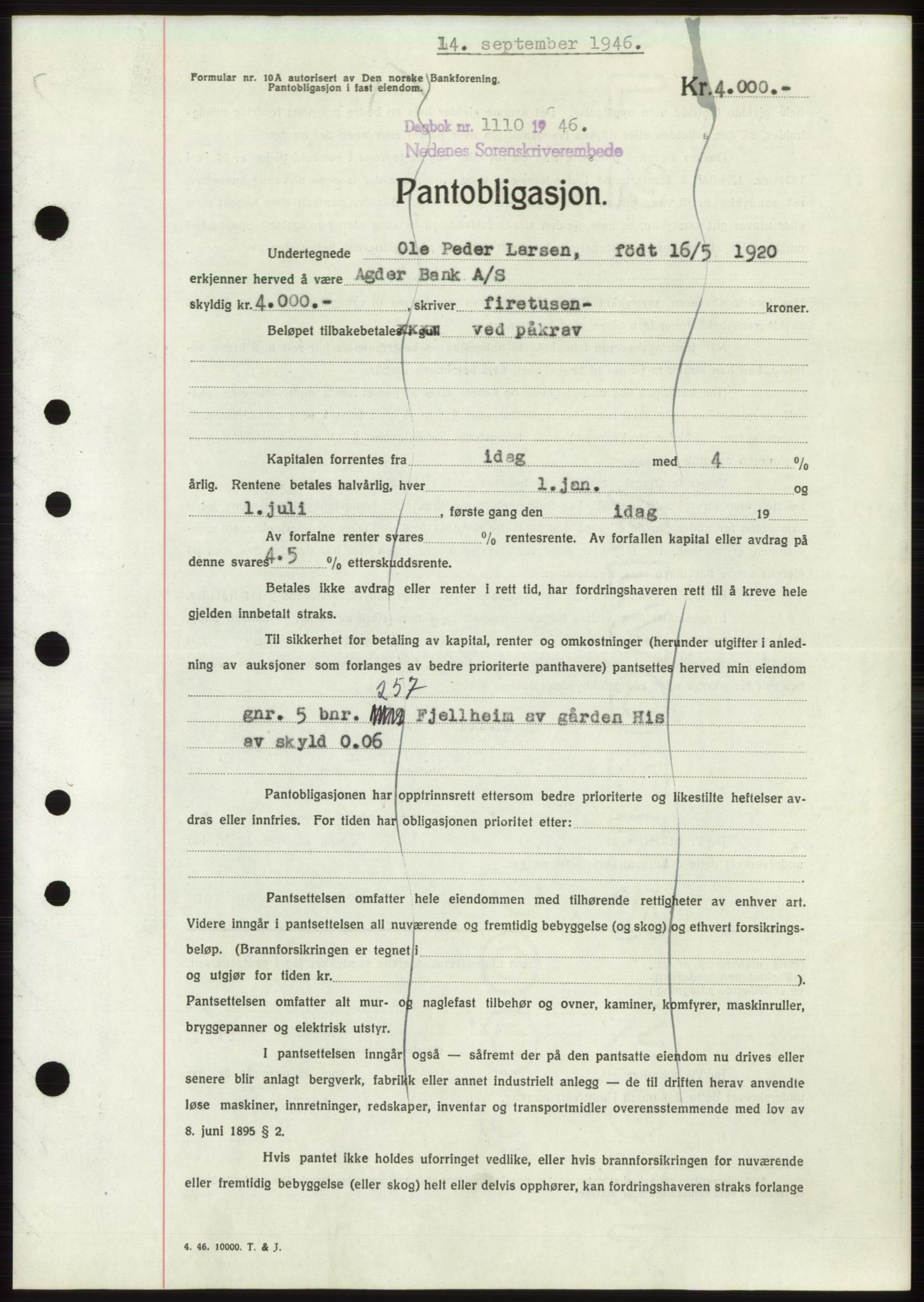 Nedenes sorenskriveri, SAK/1221-0006/G/Gb/Gbb/L0003: Pantebok nr. B3b, 1946-1946, Dagboknr: 1110/1946