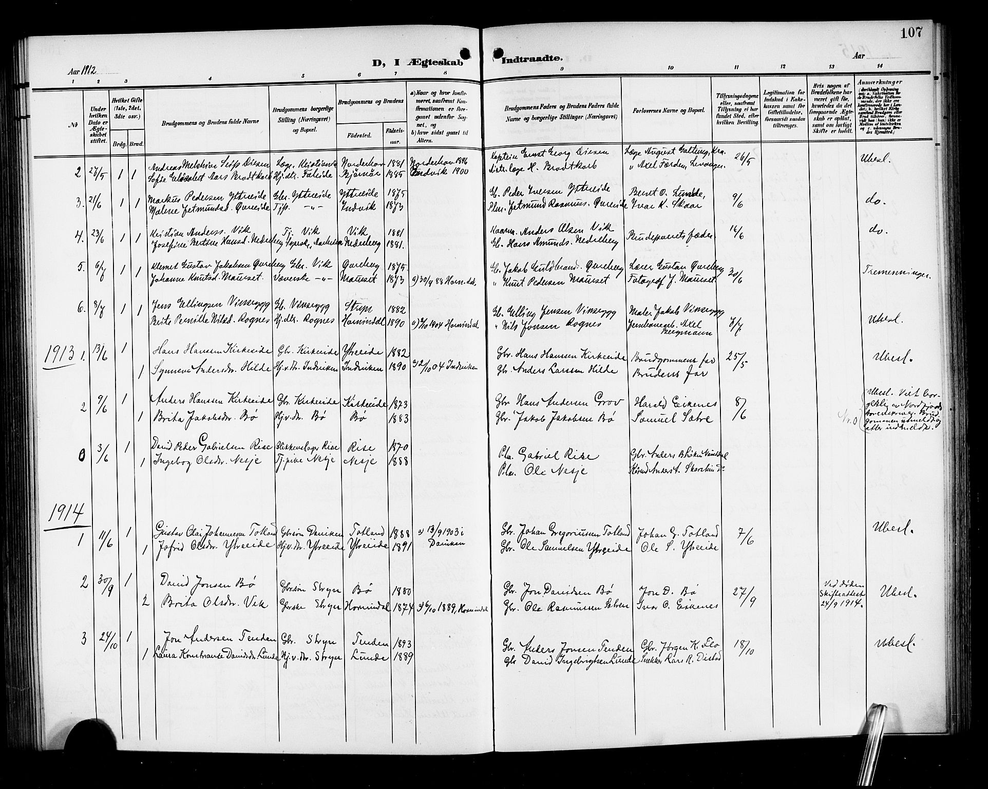 Stryn Sokneprestembete, SAB/A-82501: Klokkerbok nr. A 3, 1906-1924, s. 107