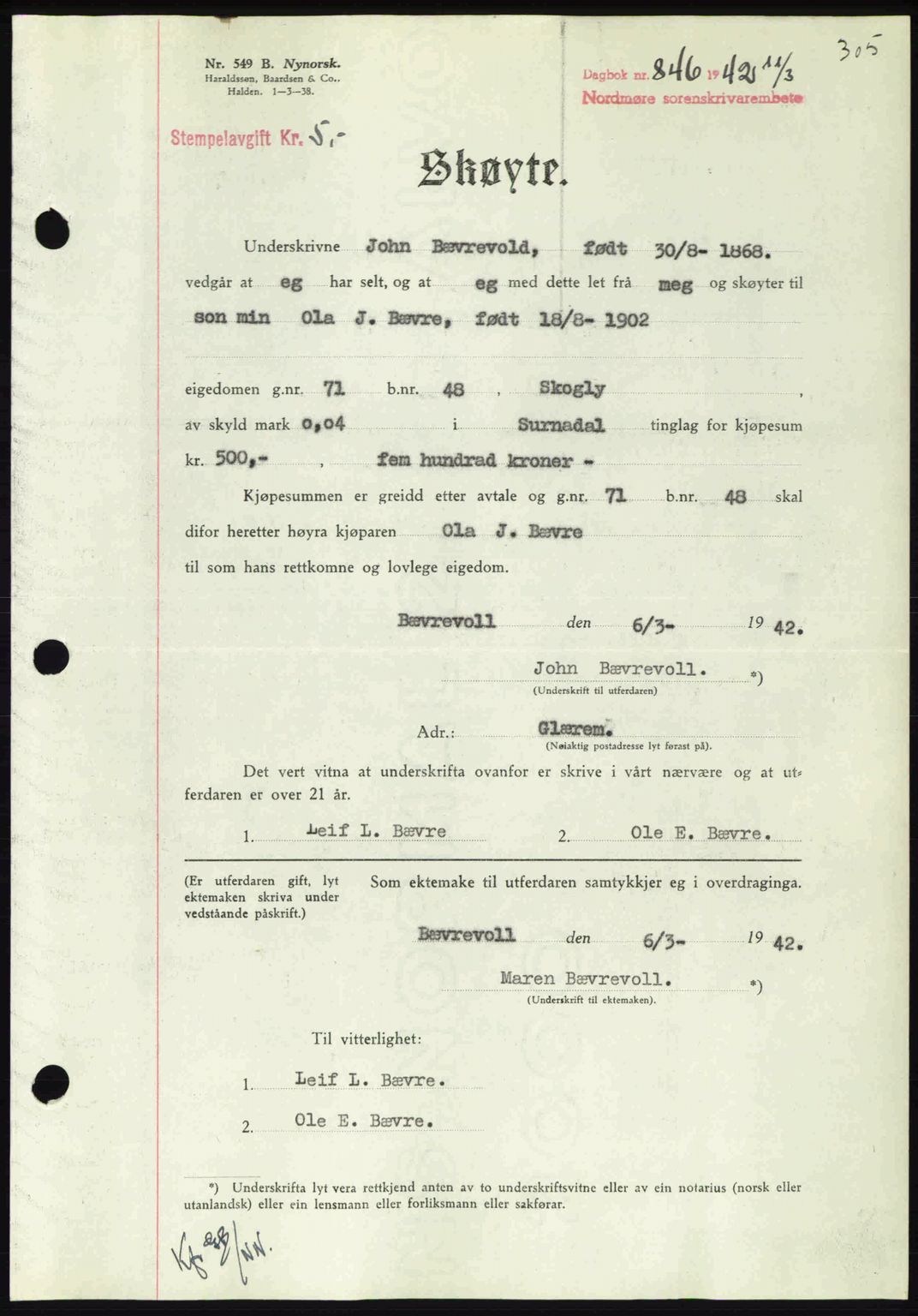 Nordmøre sorenskriveri, SAT/A-4132/1/2/2Ca: Pantebok nr. A92, 1942-1942, Dagboknr: 846/1942