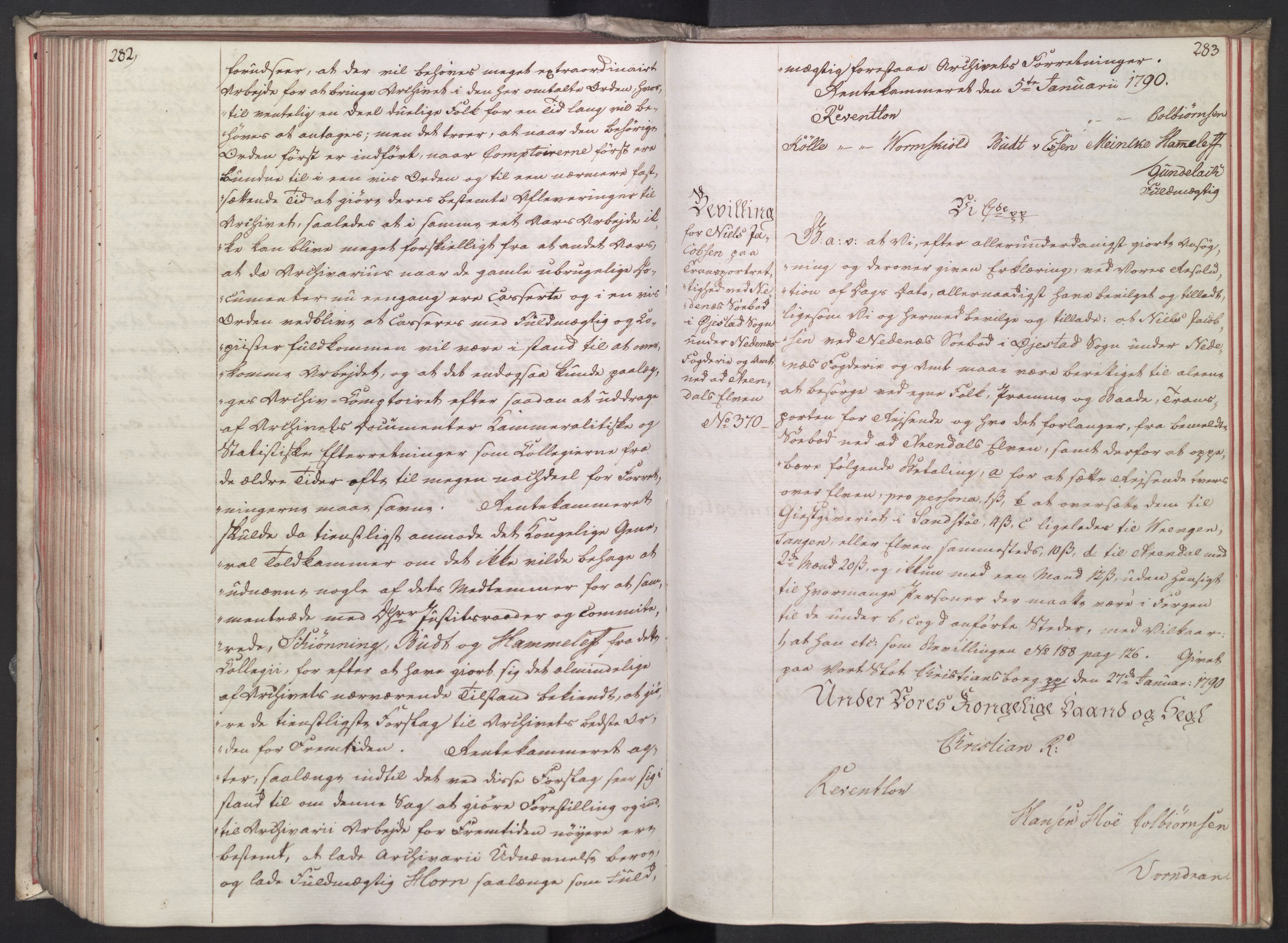 Rentekammeret, Kammerkanselliet, RA/EA-3111/G/Gg/Gga/L0014: Norsk ekspedisjonsprotokoll med register (merket RK 53.14), 1787-1790, s. 282-283