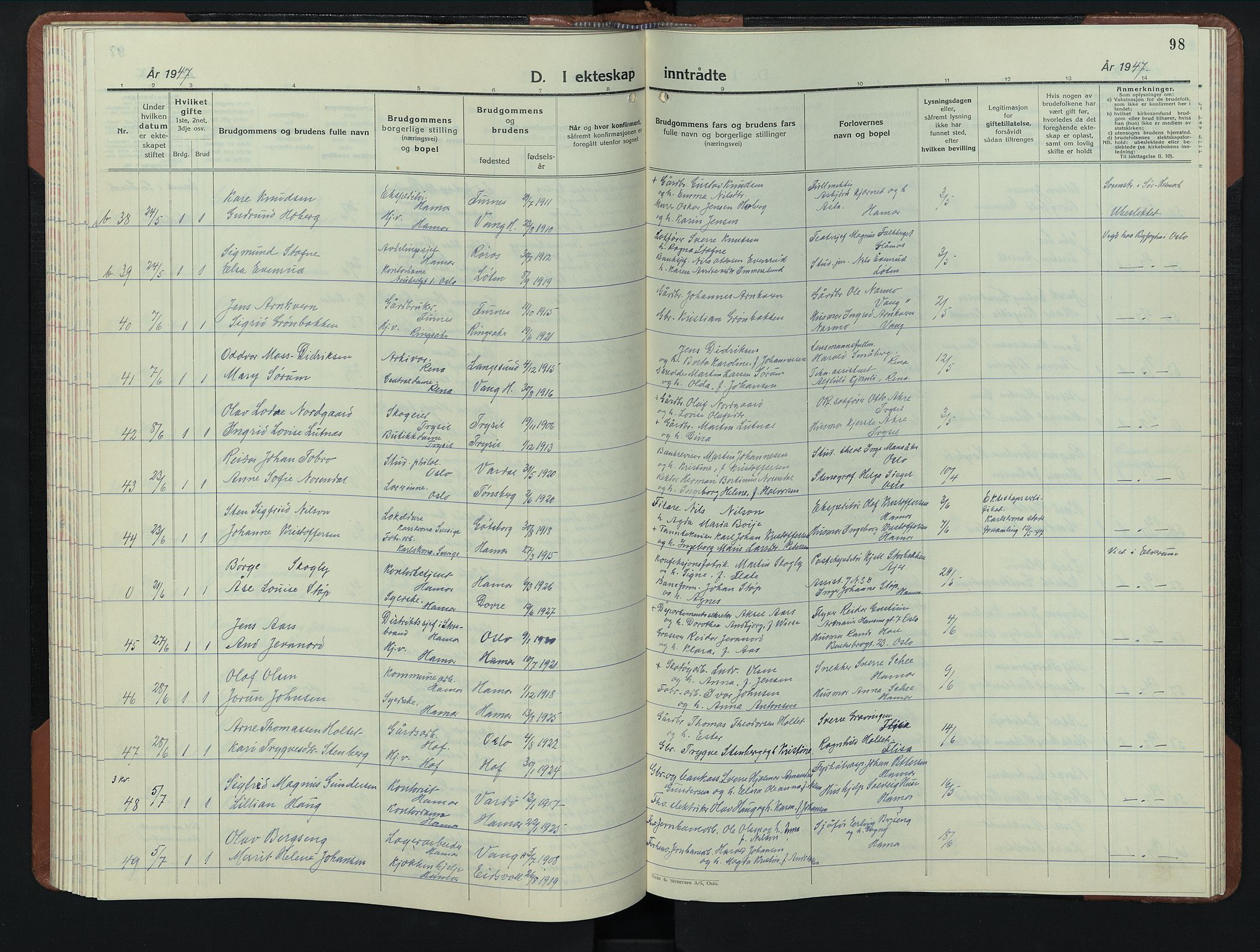 Hamar prestekontor, AV/SAH-DOMPH-002/H/Ha/Hab/L0006: Klokkerbok nr. 6, 1931-1950, s. 98