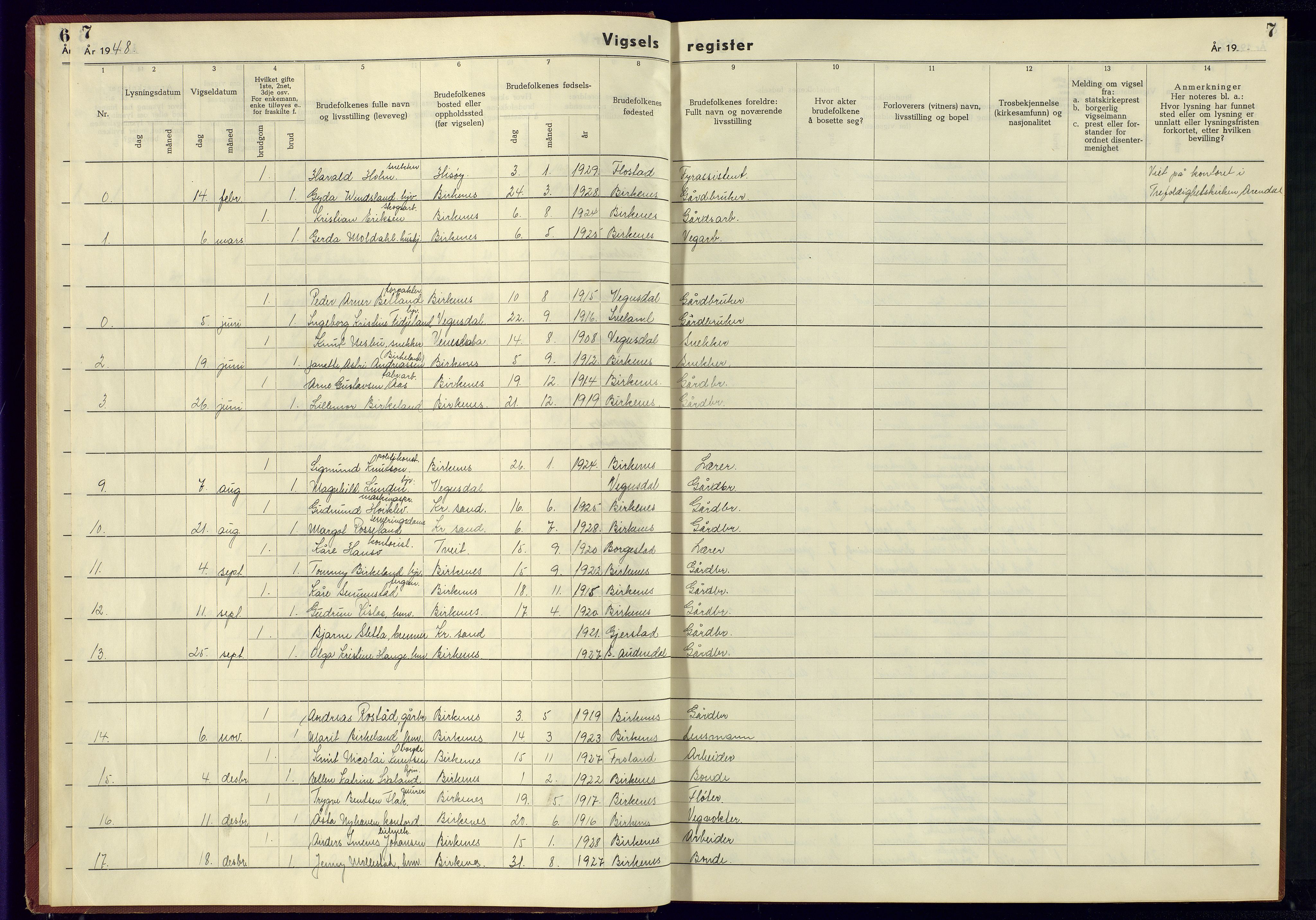 Birkenes sokneprestkontor, SAK/1111-0004/J/Jb/L0002: Vigselsregister nr. II.6.2, 1943-1951, s. 7