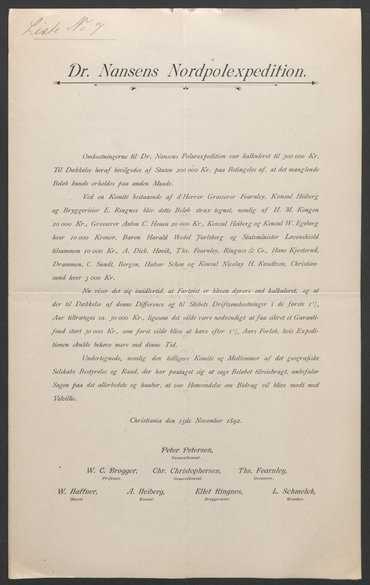 Arbeidskomitéen for Fridtjof Nansens polarekspedisjon, AV/RA-PA-0061/D/L0001/0003: Pengeinnsamlingen / Bidragslister med følgebrev, 1892-1893, s. 11