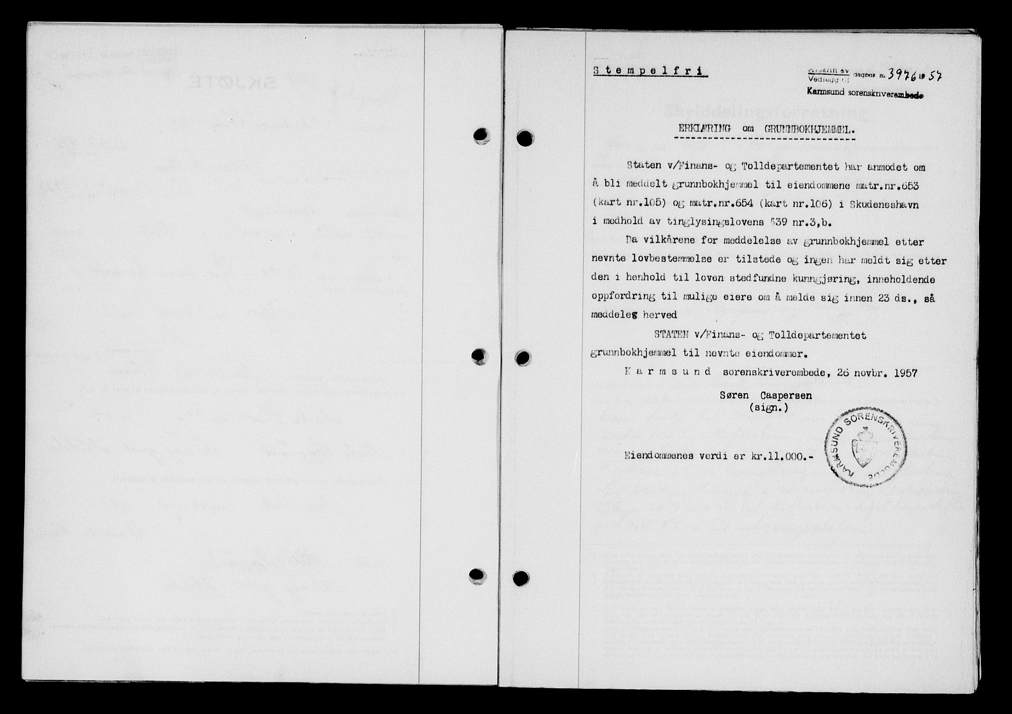 Karmsund sorenskriveri, SAST/A-100311/01/II/IIB/L0127: Pantebok nr. 107A, 1957-1958, Dagboknr: 3976/1957