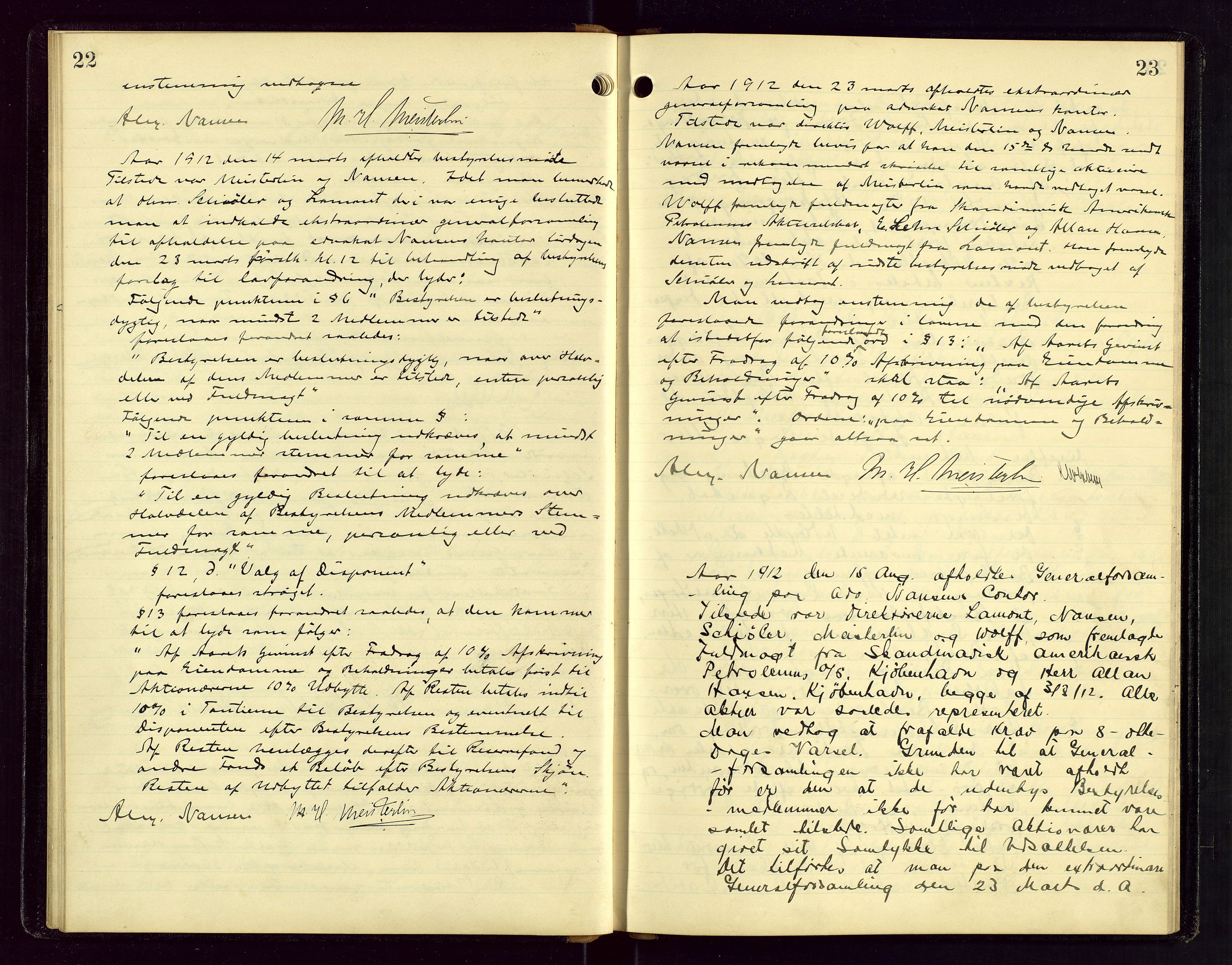 PA 1535 - Norsk-Amerikansk Petroleumscompani A/S, AV/SAST-A-101955/A/Aa/L0001/0001: Styre- og generalforsamlingsprotokoller / Styre - Generalforsamling, 1906-1931, s. 22-23