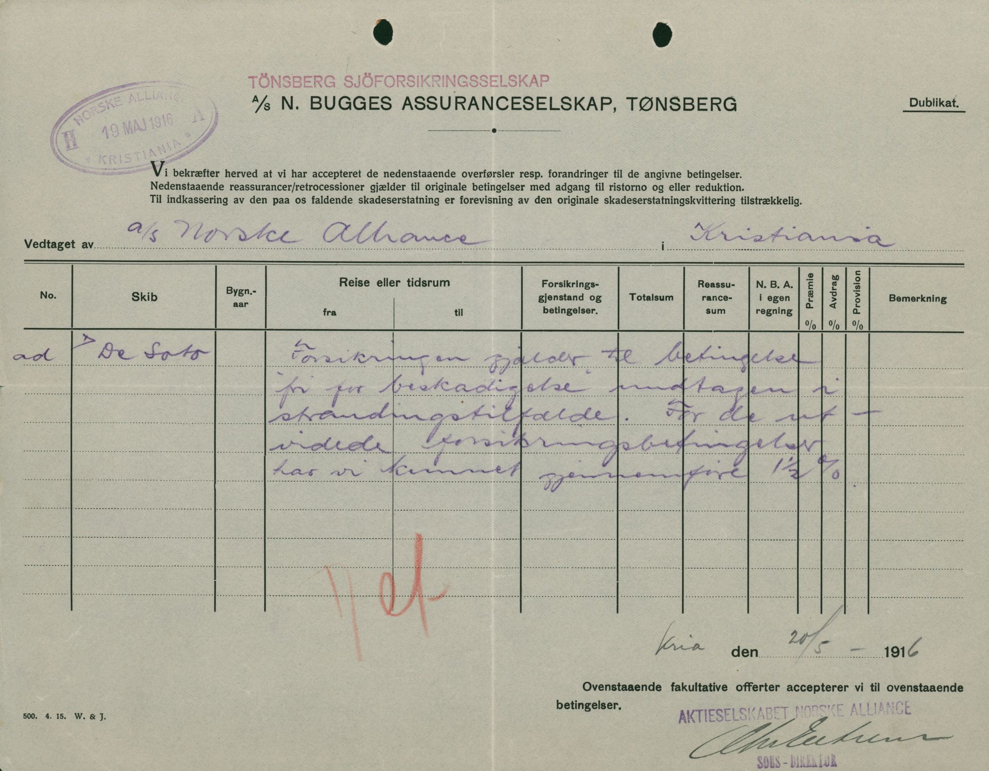 Pa 664 - Tønsberg Sjøforsikringsselskap, VEMU/A-1773/F/L0001: Forsikringspoliser, 1915-1918