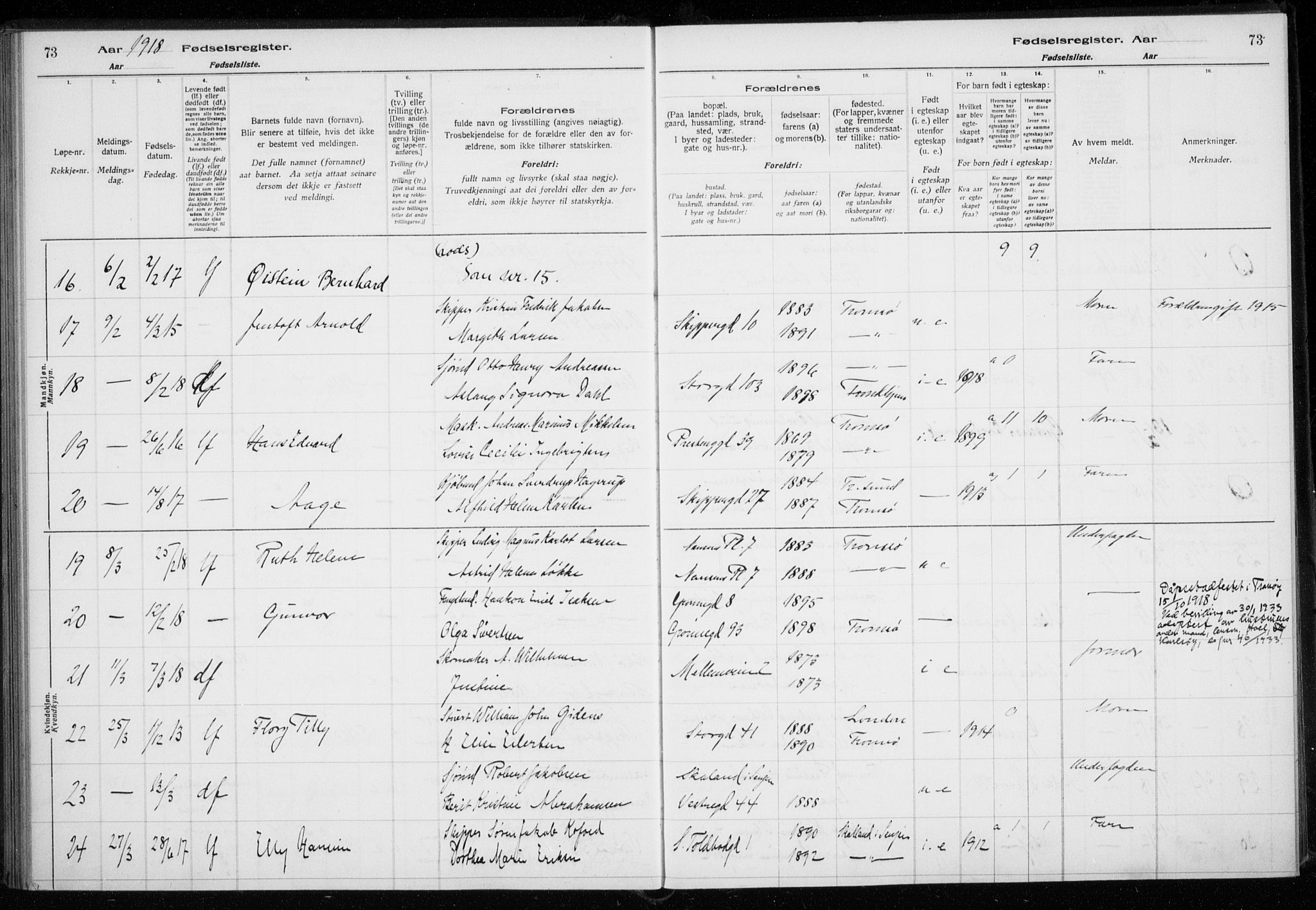 Tromsø sokneprestkontor/stiftsprosti/domprosti, AV/SATØ-S-1343/H/Ha/L0131: Fødselsregister nr. 131, 1916-1921, s. 73