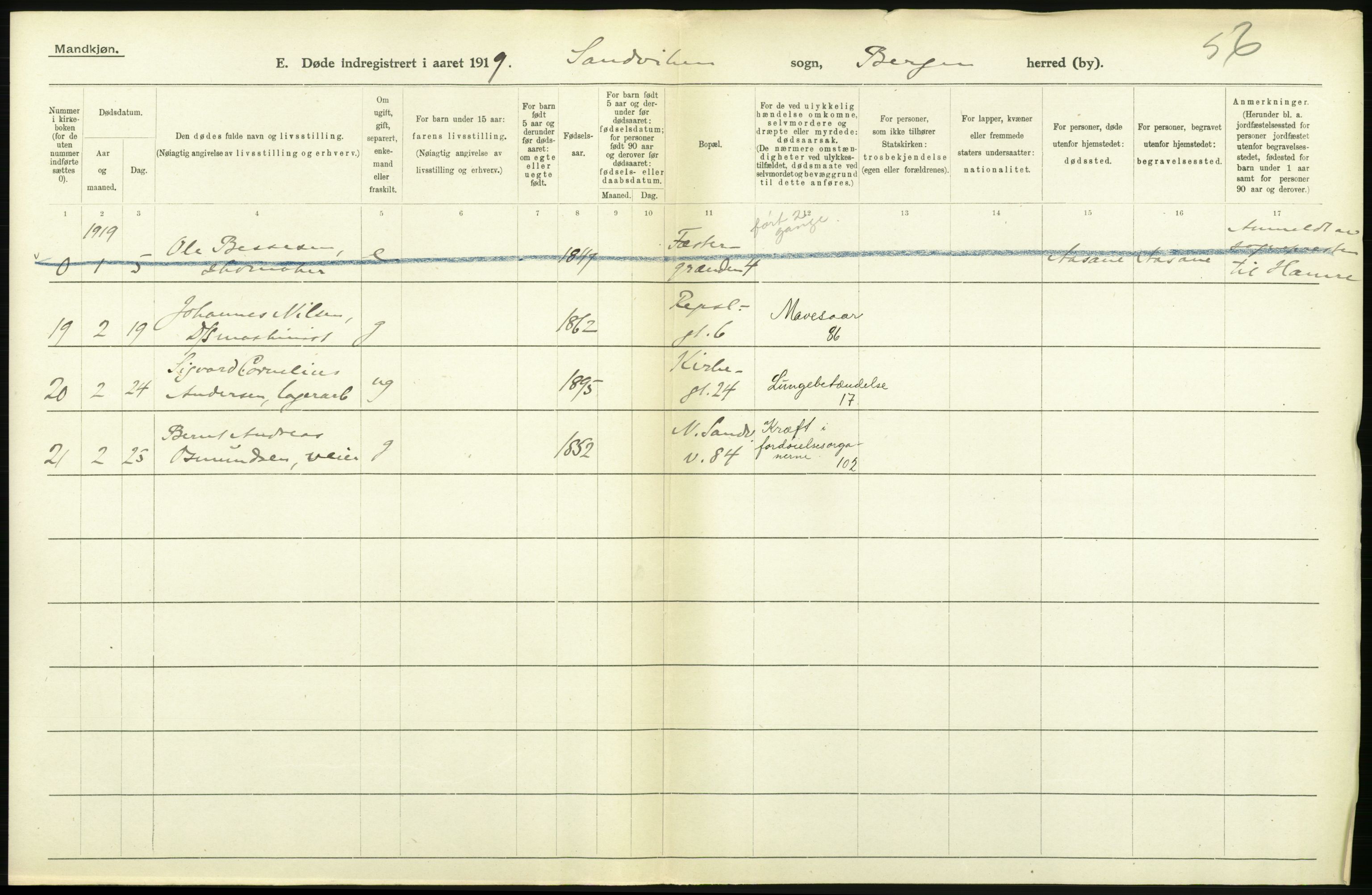 Statistisk sentralbyrå, Sosiodemografiske emner, Befolkning, AV/RA-S-2228/D/Df/Dfb/Dfbi/L0035: Bergen: Gifte, døde, dødfødte., 1919, s. 510