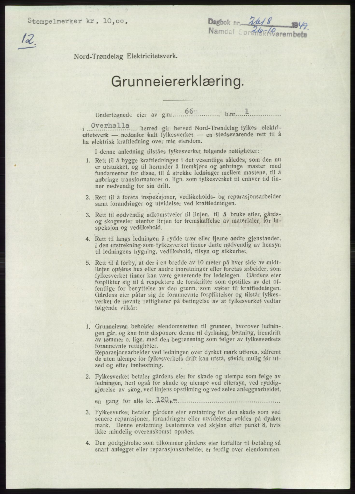 Namdal sorenskriveri, SAT/A-4133/1/2/2C: Pantebok nr. -, 1949-1949, Dagboknr: 2618/1949