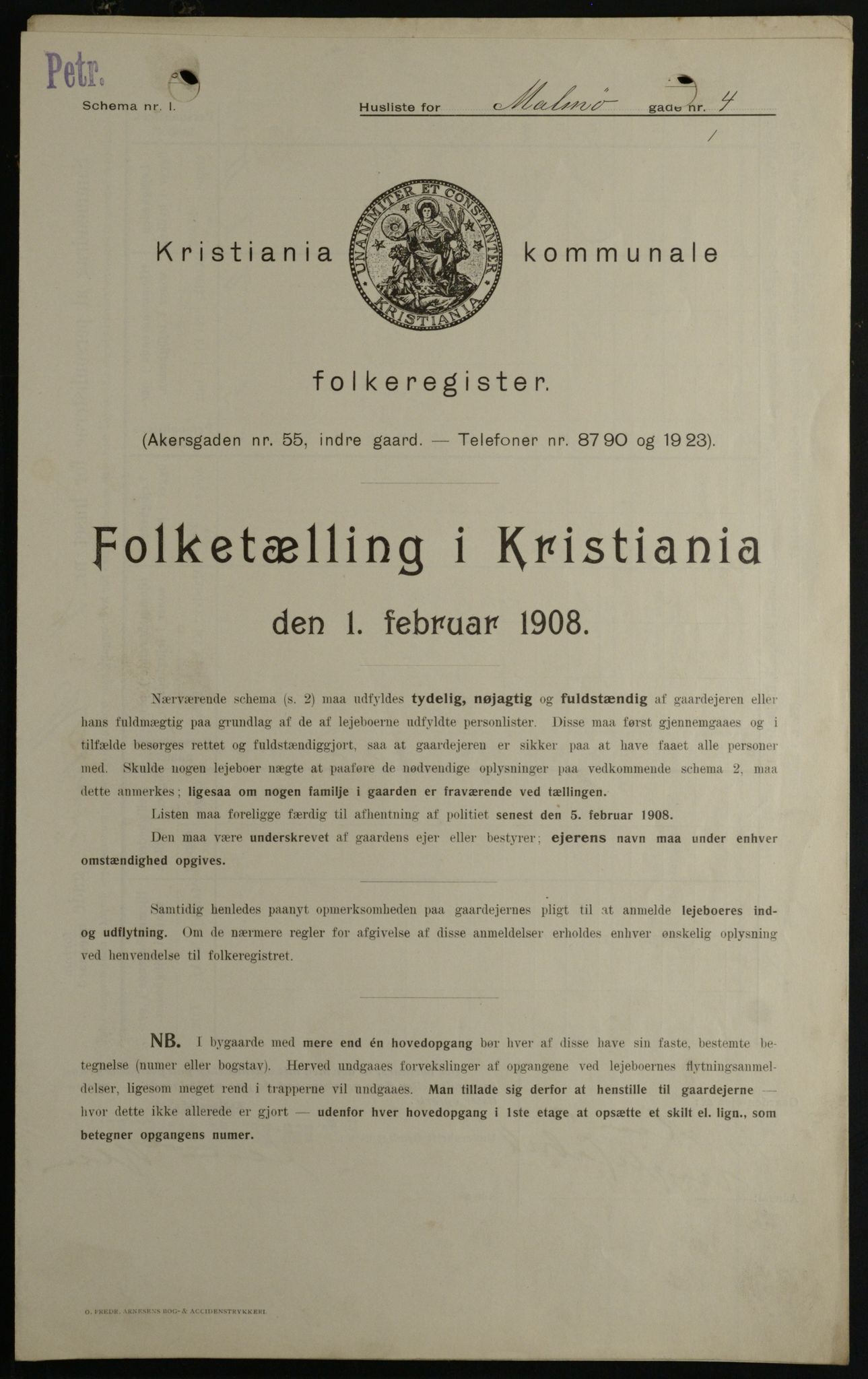 OBA, Kommunal folketelling 1.2.1908 for Kristiania kjøpstad, 1908, s. 53756