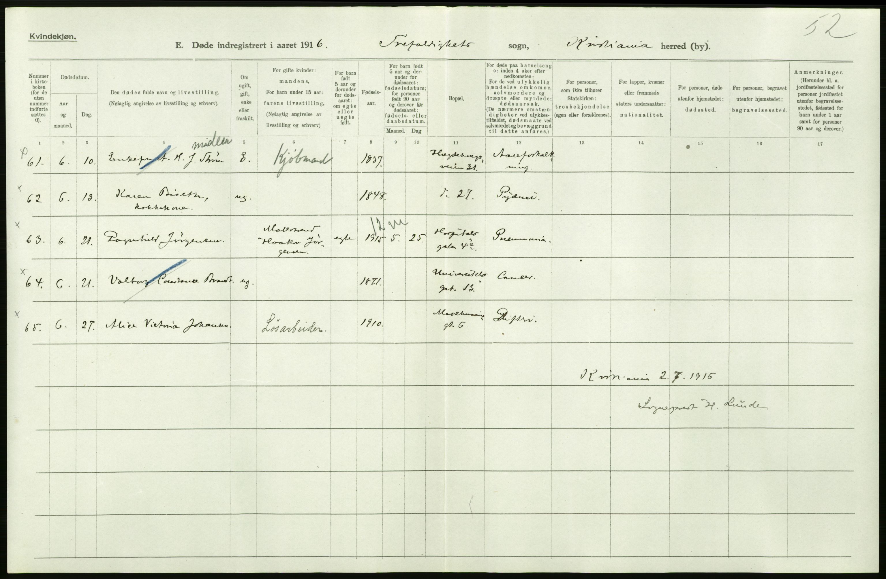 Statistisk sentralbyrå, Sosiodemografiske emner, Befolkning, AV/RA-S-2228/D/Df/Dfb/Dfbf/L0010: Kristiania: Døde, dødfødte., 1916, s. 128