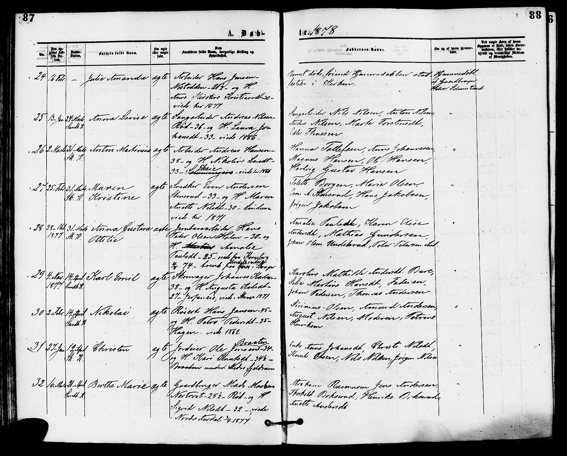 Skoger kirkebøker, AV/SAKO-A-59/F/Fa/L0005: Ministerialbok nr. I 5, 1873-1884, s. 87-88