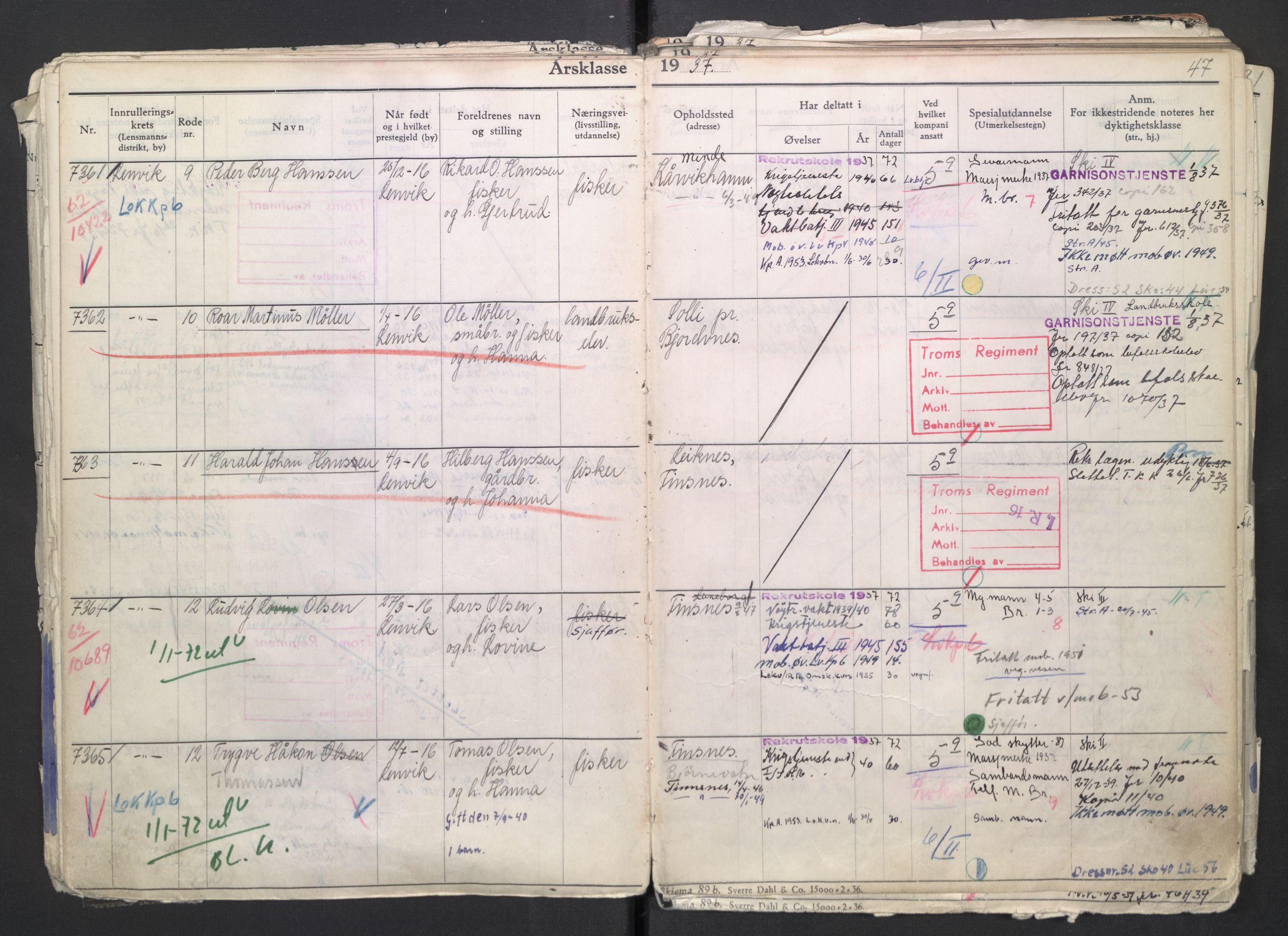 Forsvaret, Troms infanteriregiment nr. 16, AV/RA-RAFA-3146/P/Pa/L0007/0002: Ruller / Rulle for regimentets menige mannskaper, årsklasse 1937, 1937, s. 47