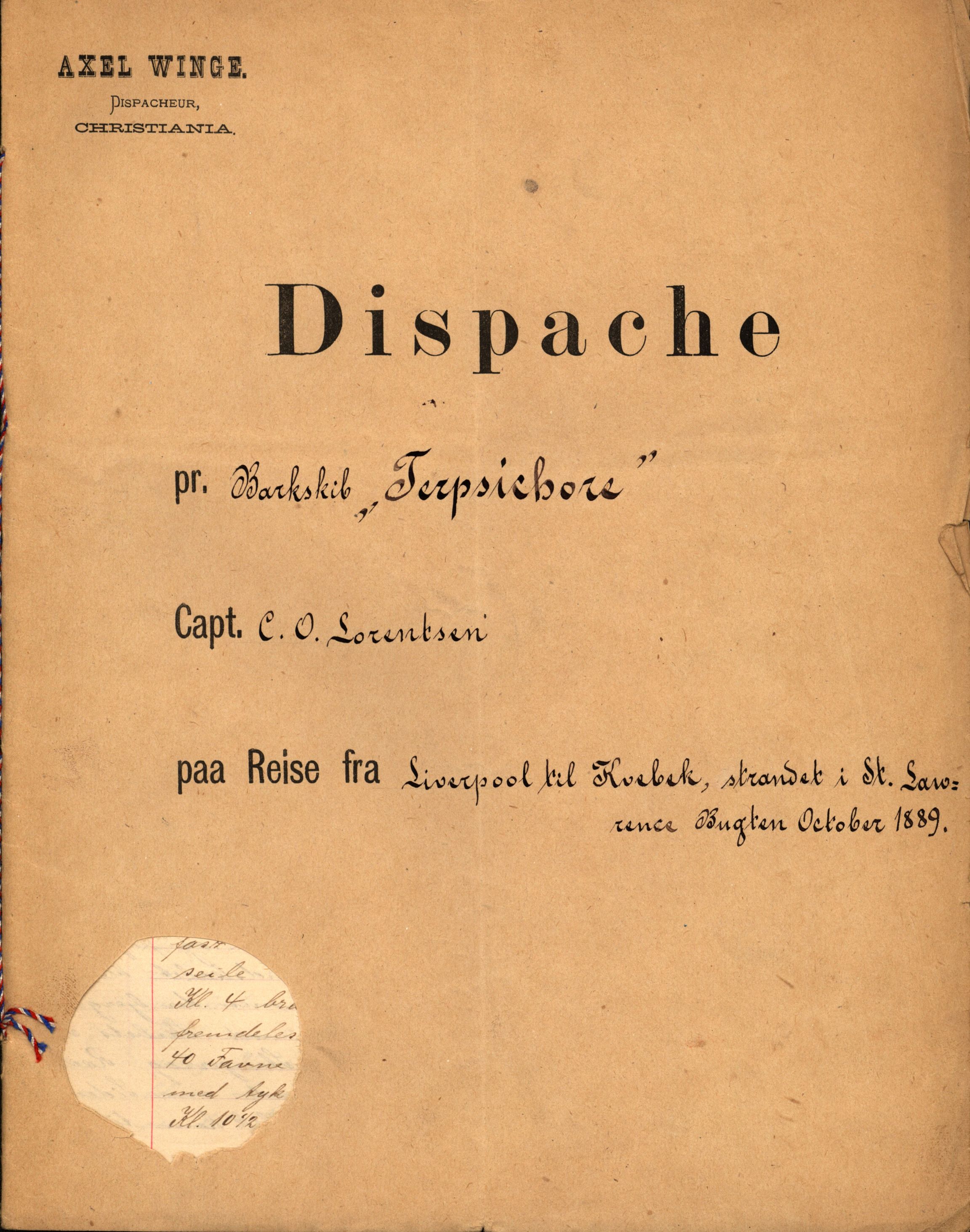 Pa 63 - Østlandske skibsassuranceforening, VEMU/A-1079/G/Ga/L0024/0002: Havaridokumenter / Terpsichore, Roecliff, Rolfsøen, Skjold, Sirius, 1889, s. 17