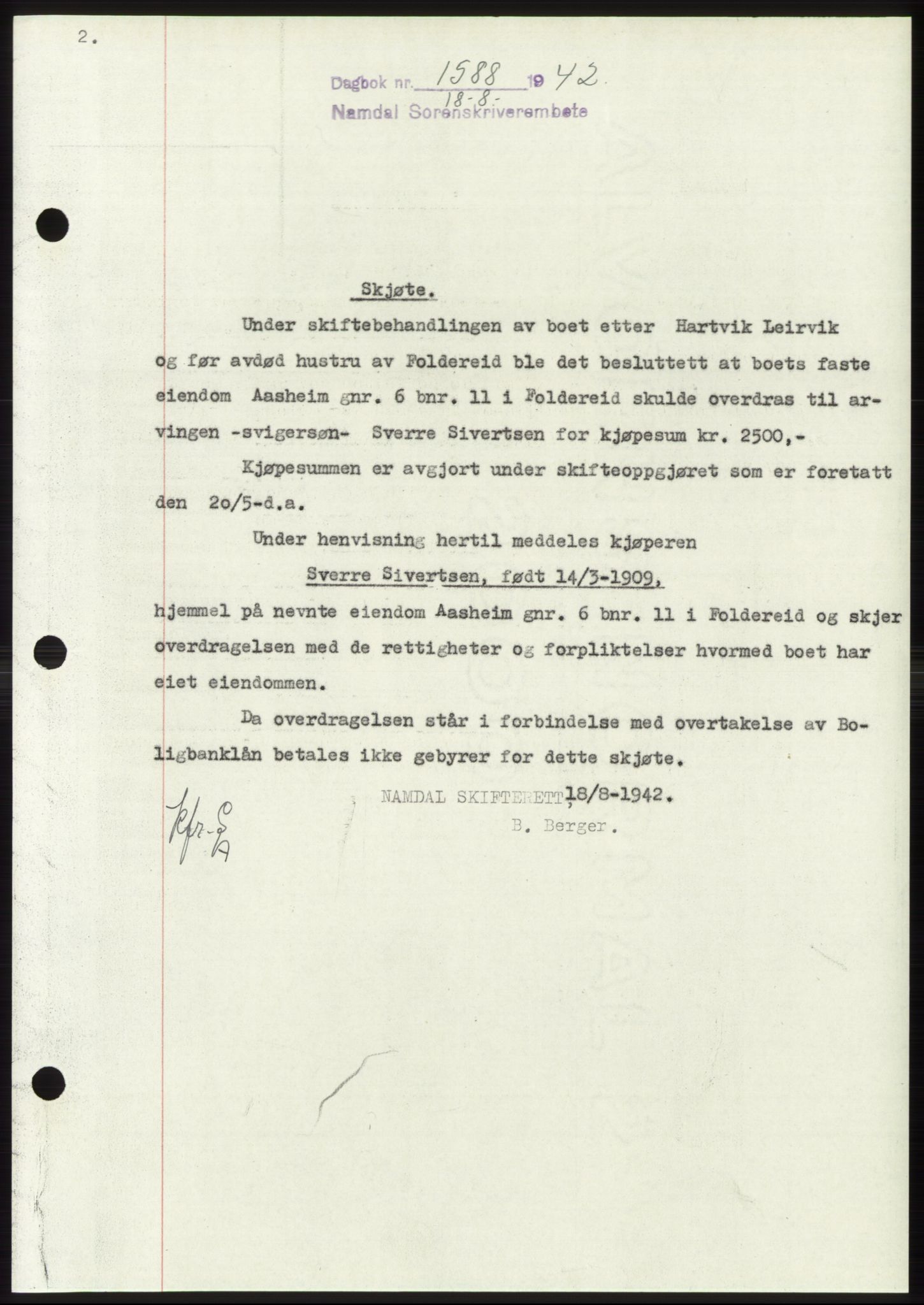 Namdal sorenskriveri, SAT/A-4133/1/2/2C: Pantebok nr. -, 1942-1943, Dagboknr: 1588/1942