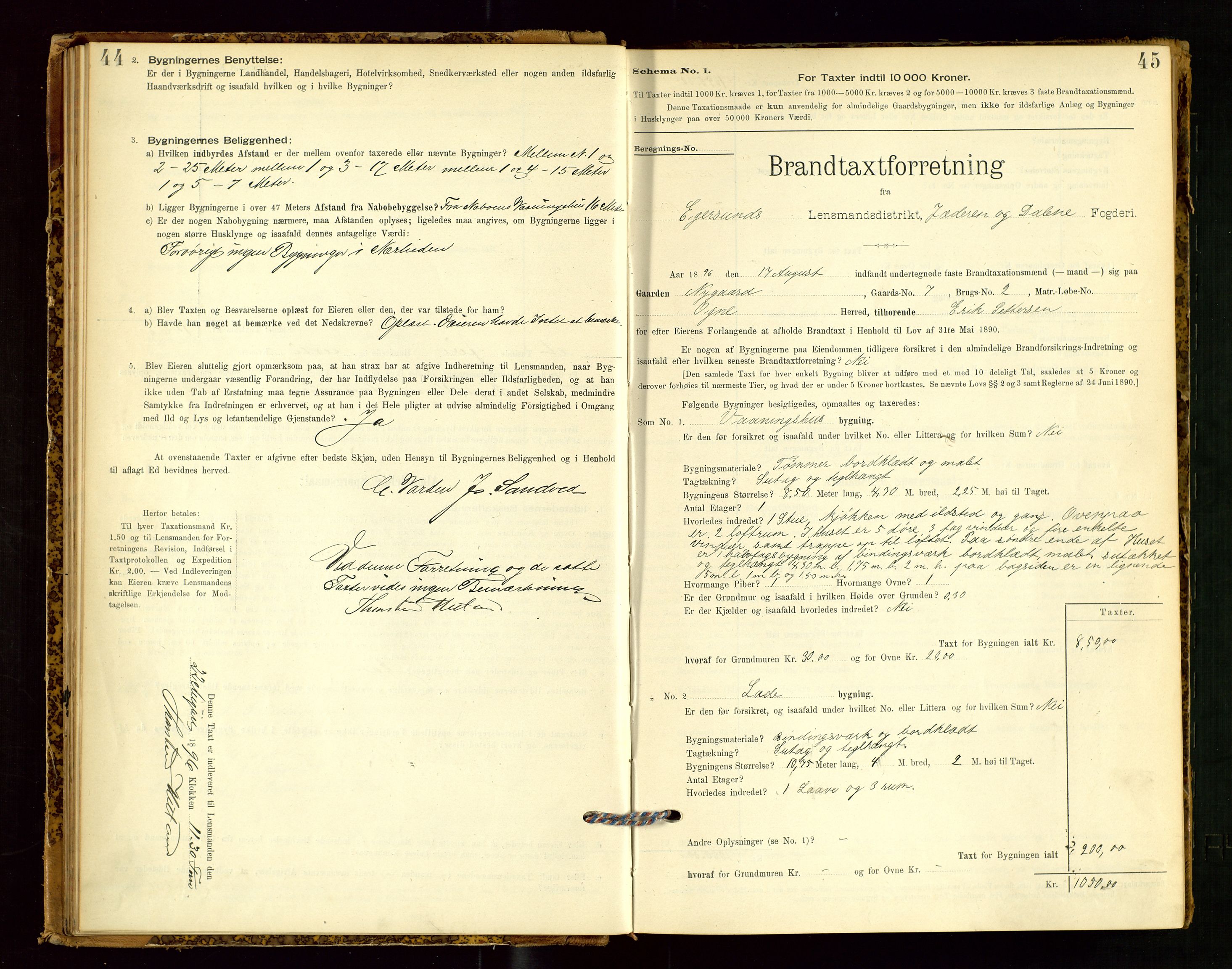 Eigersund lensmannskontor, AV/SAST-A-100171/Gob/L0001: Skjemaprotokoll, 1894-1909, s. 44-45