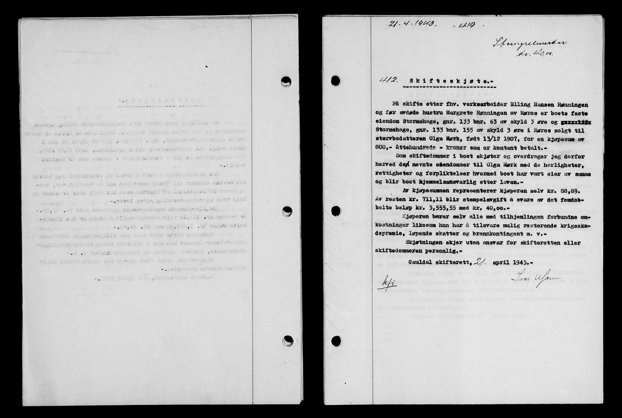 Gauldal sorenskriveri, SAT/A-0014/1/2/2C/L0056: Pantebok nr. 61, 1942-1943, Dagboknr: 412/1943