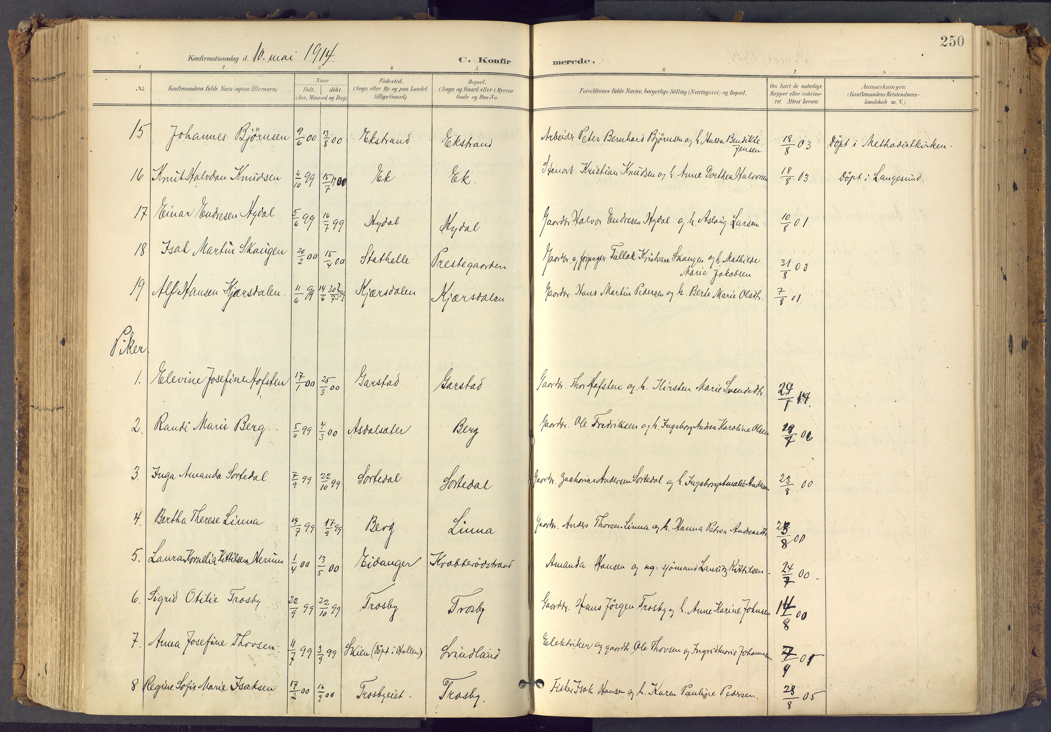 Bamble kirkebøker, SAKO/A-253/F/Fa/L0009: Ministerialbok nr. I 9, 1901-1917, s. 250