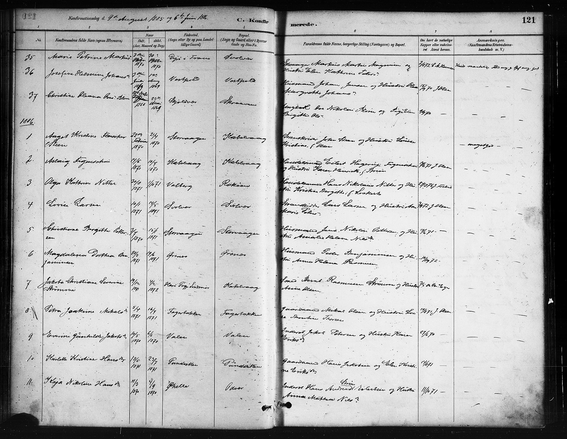 Ministerialprotokoller, klokkerbøker og fødselsregistre - Nordland, AV/SAT-A-1459/874/L1059: Ministerialbok nr. 874A03, 1884-1890, s. 121