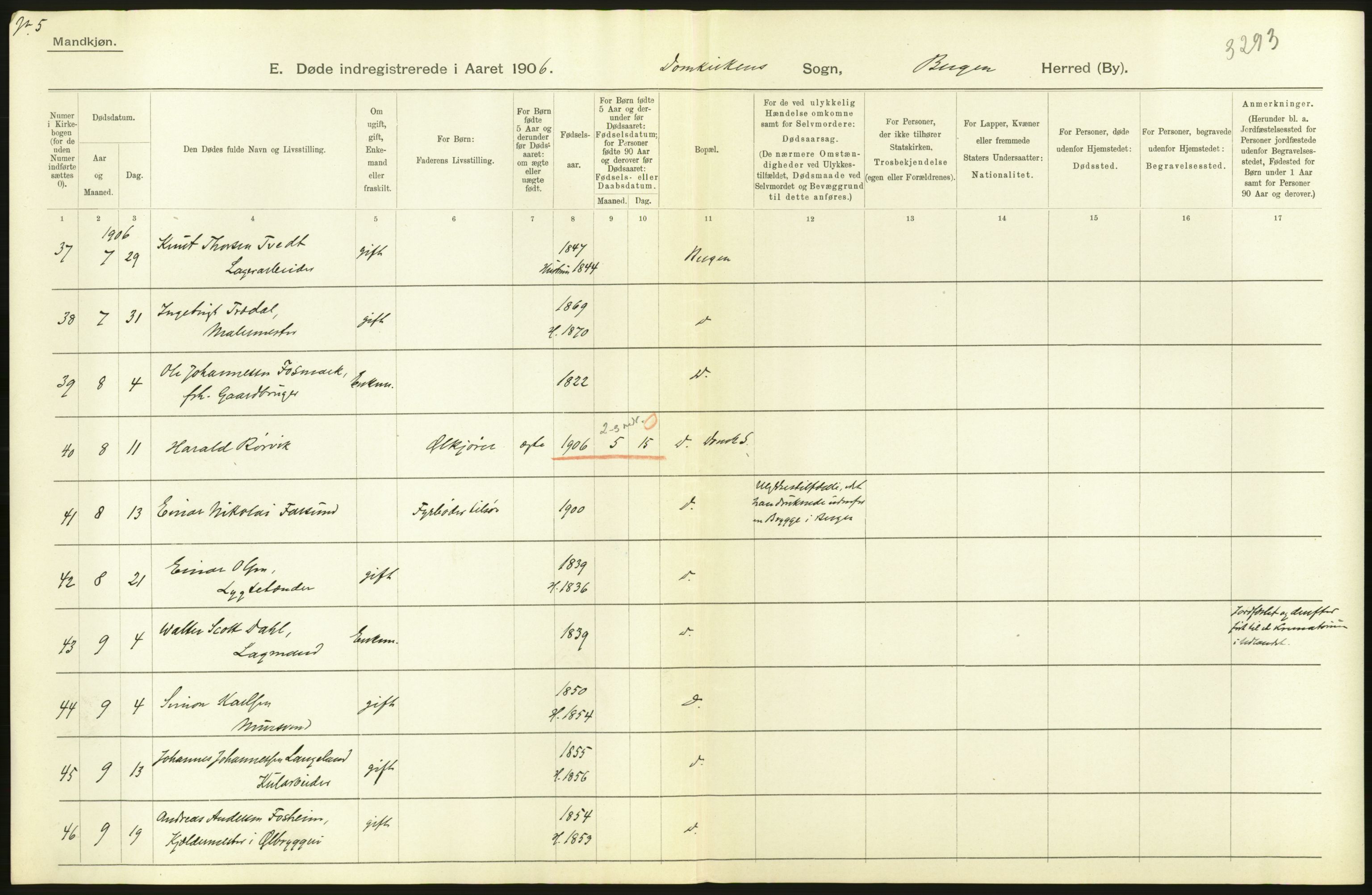 Statistisk sentralbyrå, Sosiodemografiske emner, Befolkning, AV/RA-S-2228/D/Df/Dfa/Dfad/L0032: Bergen: Gifte, døde, dødfødte., 1906, s. 6