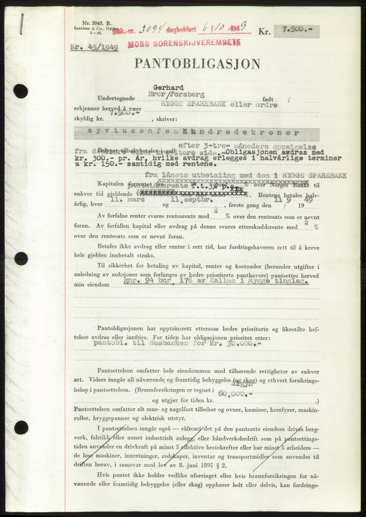 Moss sorenskriveri, SAO/A-10168: Pantebok nr. B22, 1949-1949, Dagboknr: 3094/1949