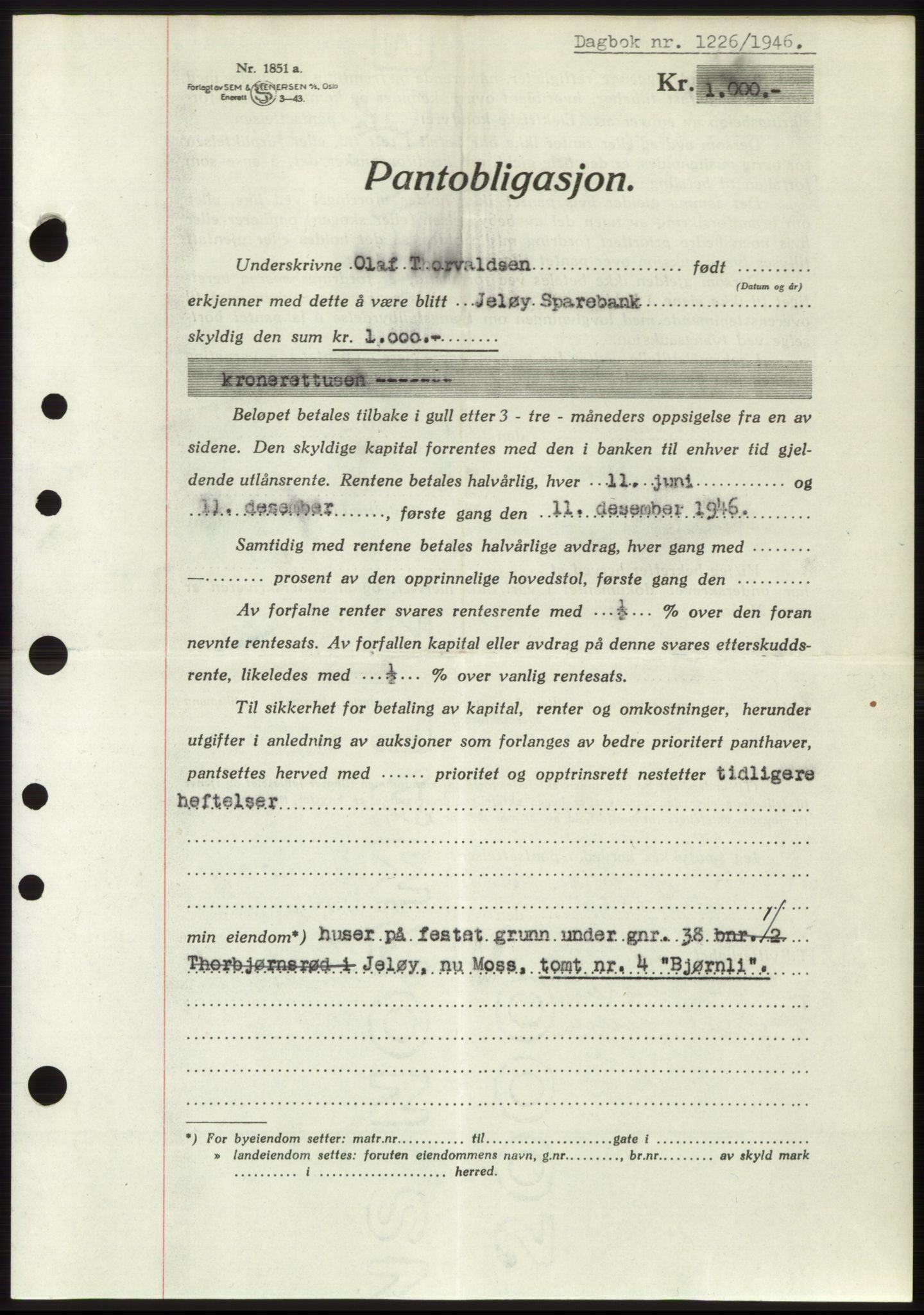 Moss sorenskriveri, SAO/A-10168: Pantebok nr. B15, 1946-1946, Dagboknr: 1226/1946