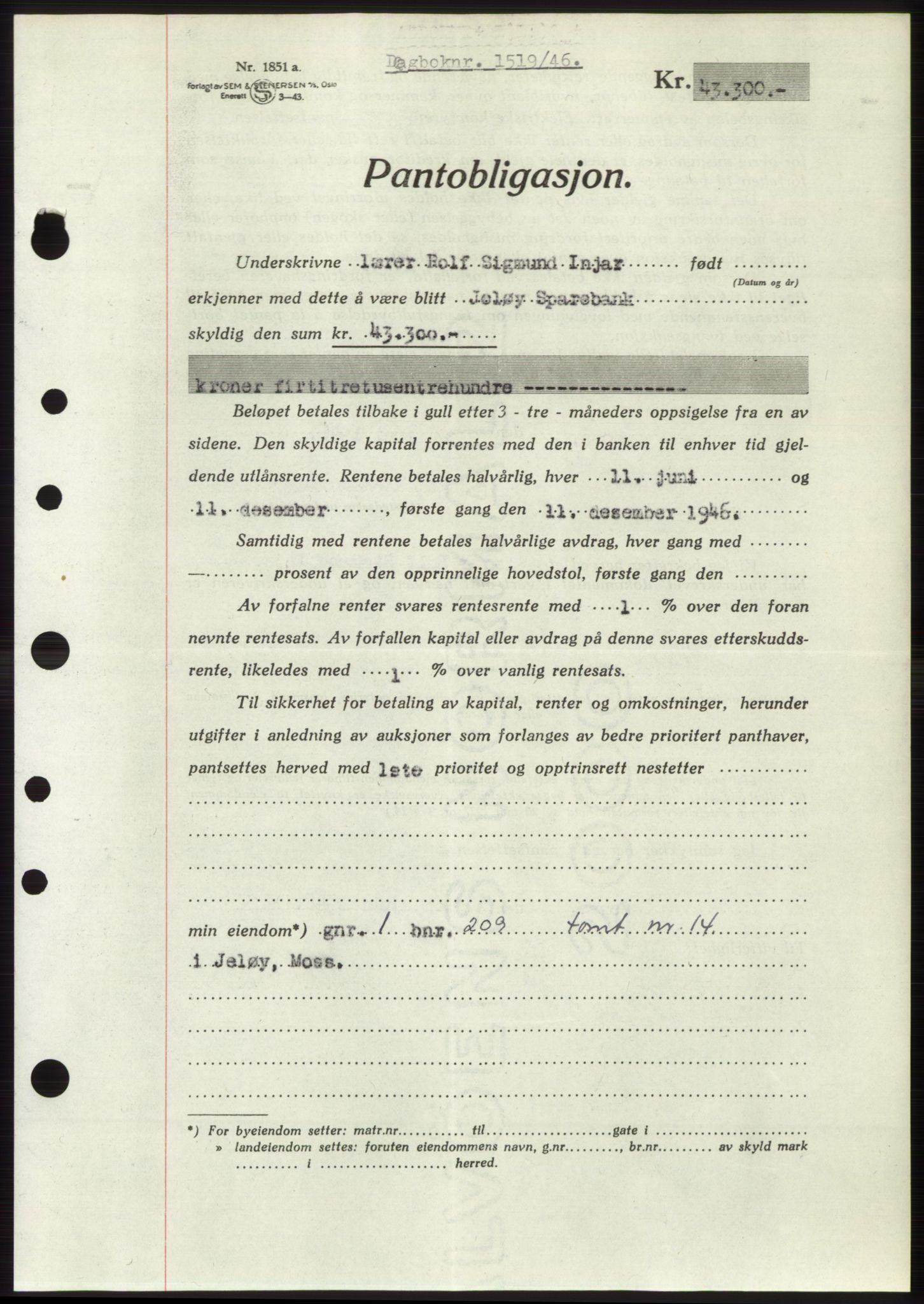 Moss sorenskriveri, SAO/A-10168: Pantebok nr. B15, 1946-1946, Dagboknr: 1519/1946