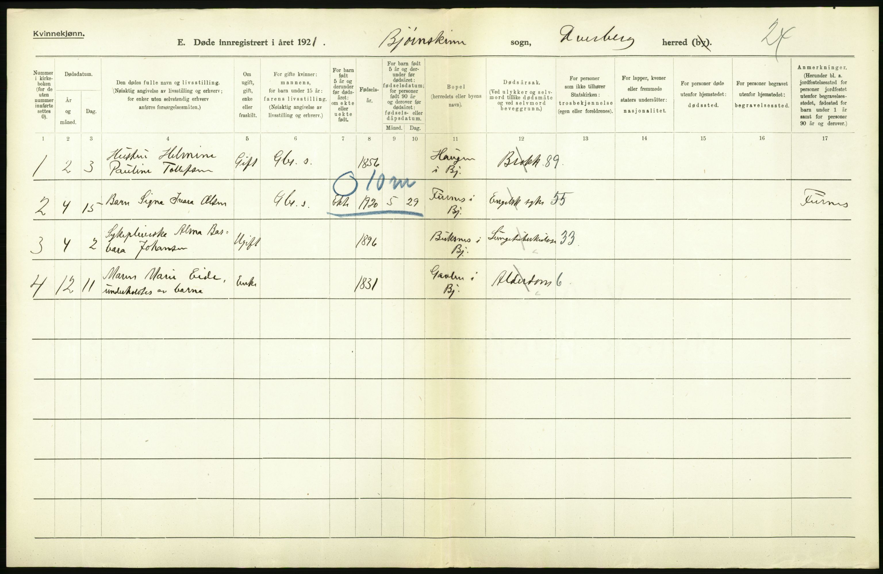 Statistisk sentralbyrå, Sosiodemografiske emner, Befolkning, AV/RA-S-2228/D/Df/Dfc/Dfca/L0051: Nordland fylke: Døde. Bygder og byer., 1921