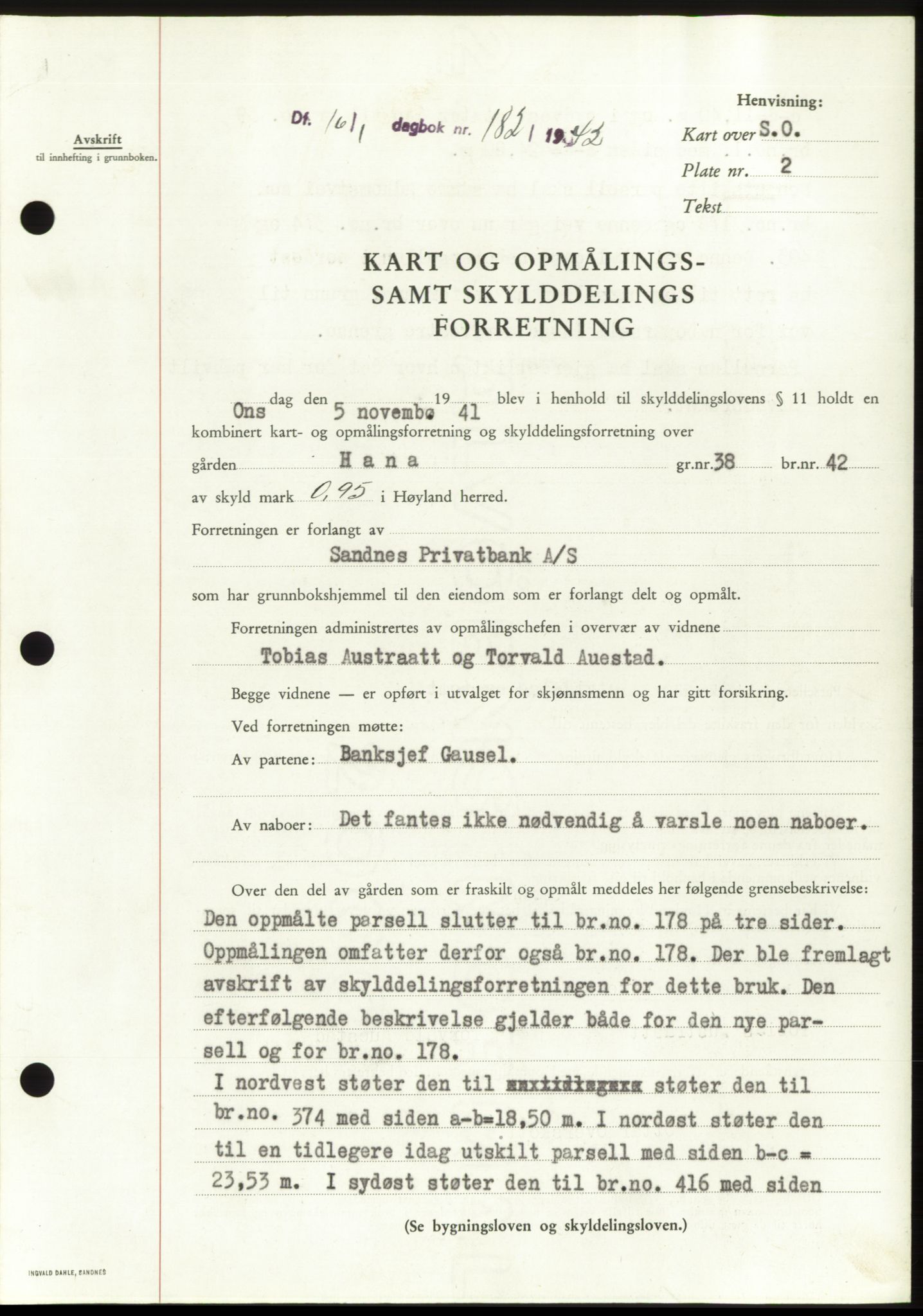 Jæren sorenskriveri, SAST/A-100310/03/G/Gba/L0082: Pantebok, 1942-1942, Dagboknr: 182/1942