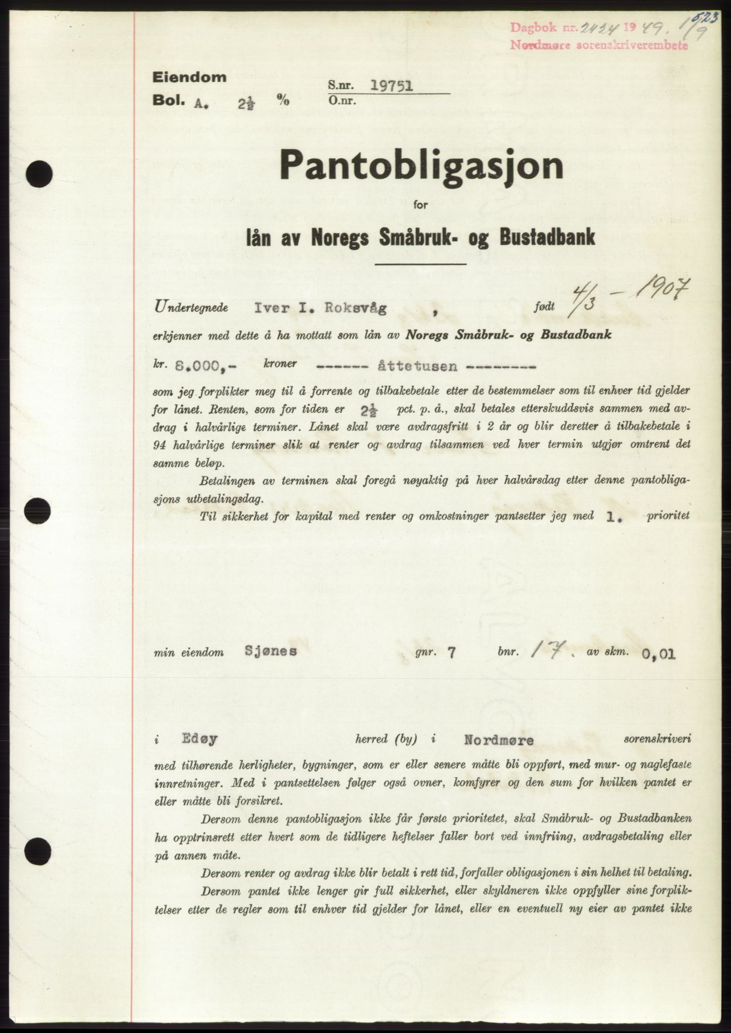 Nordmøre sorenskriveri, SAT/A-4132/1/2/2Ca: Pantebok nr. B102, 1949-1949, Dagboknr: 2424/1949