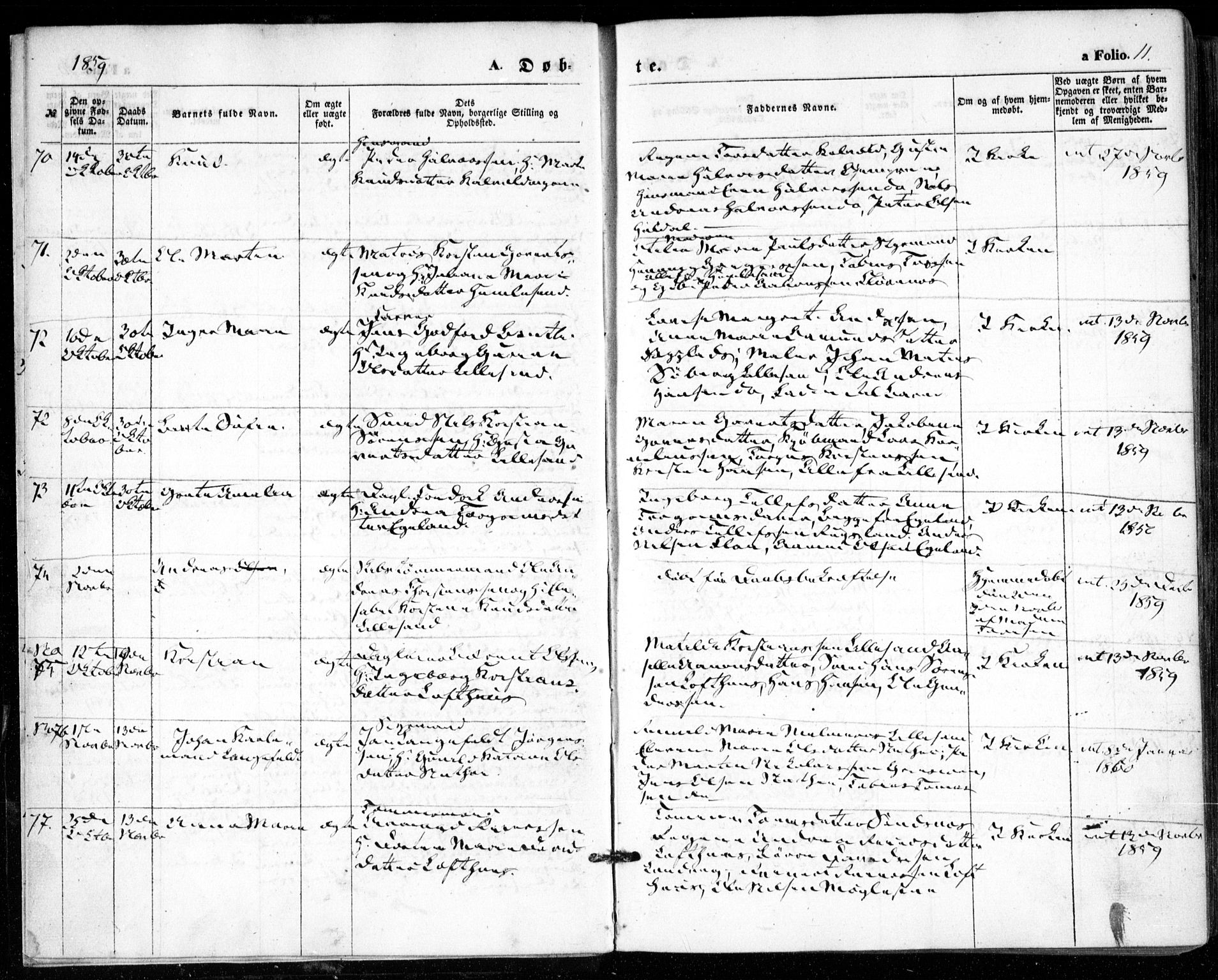 Vestre Moland sokneprestkontor, AV/SAK-1111-0046/F/Fa/Fab/L0007: Ministerialbok nr. A 7, 1859-1872, s. 11