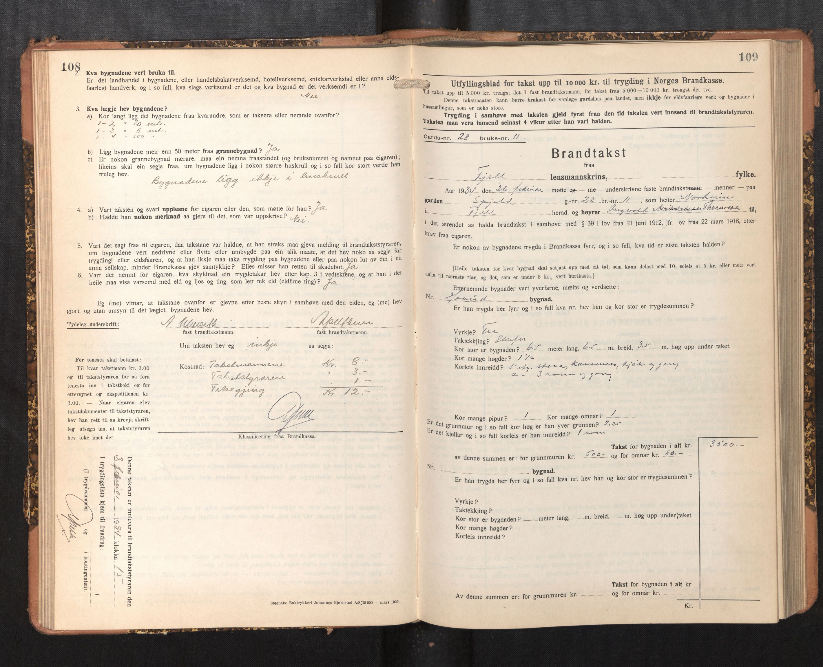 Lensmannen i Fjell, SAB/A-32301/0012/L0006: Branntakstprotokoll, skjematakst, 1931-1945, s. 108-109