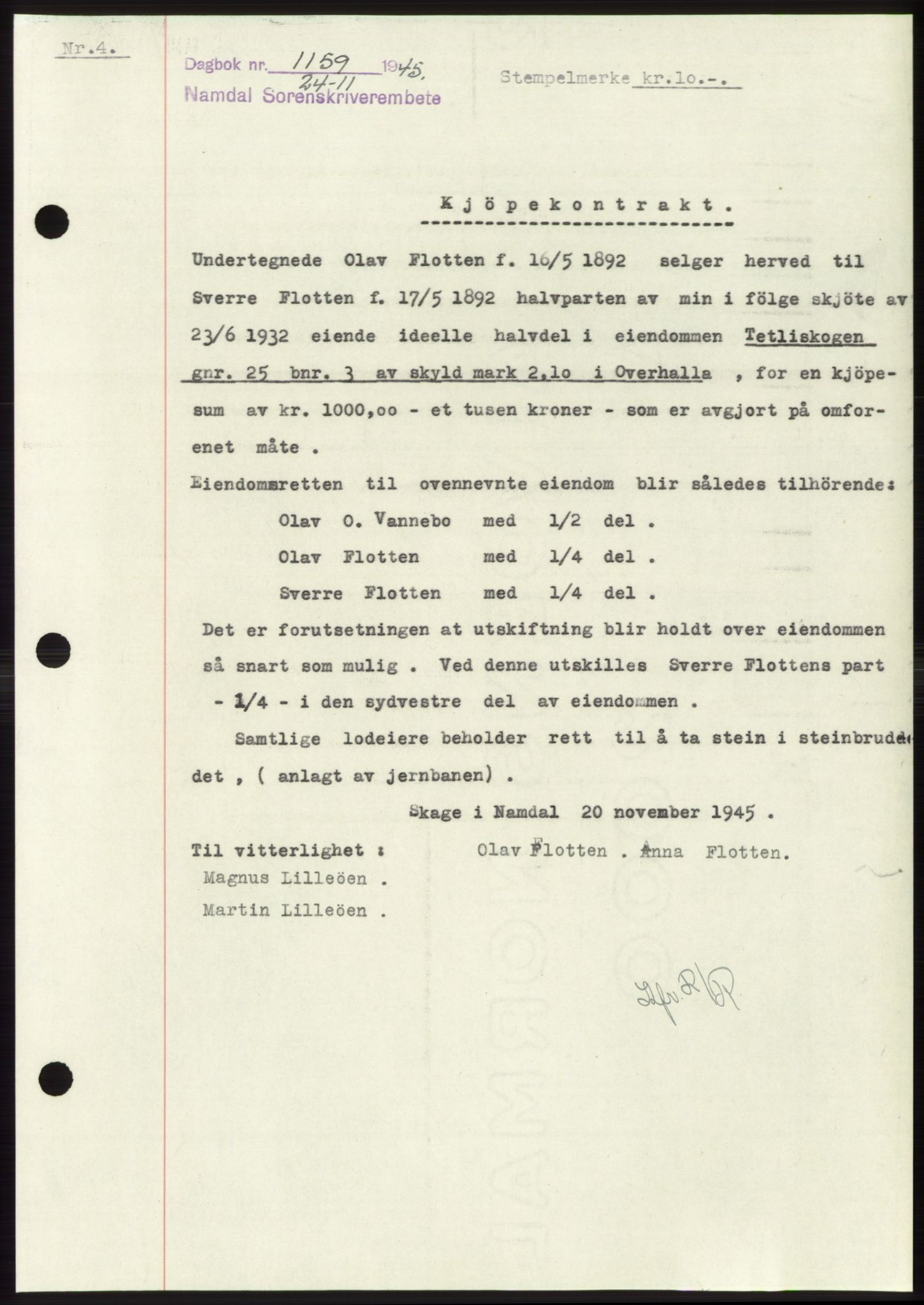 Namdal sorenskriveri, SAT/A-4133/1/2/2C: Pantebok nr. -, 1944-1945, Dagboknr: 1159/1945