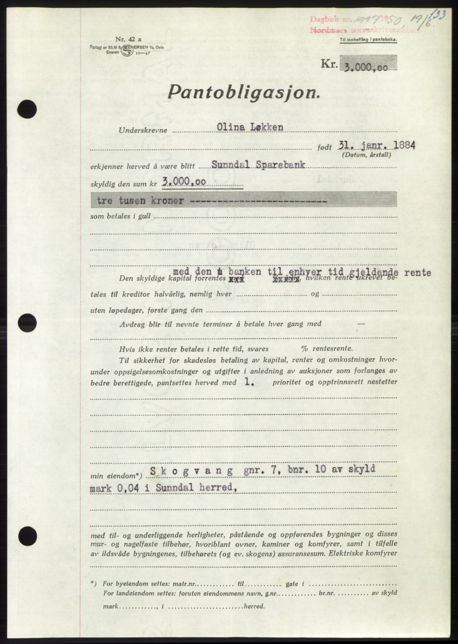 Nordmøre sorenskriveri, AV/SAT-A-4132/1/2/2Ca: Pantebok nr. B105, 1950-1950, Dagboknr: 1927/1950