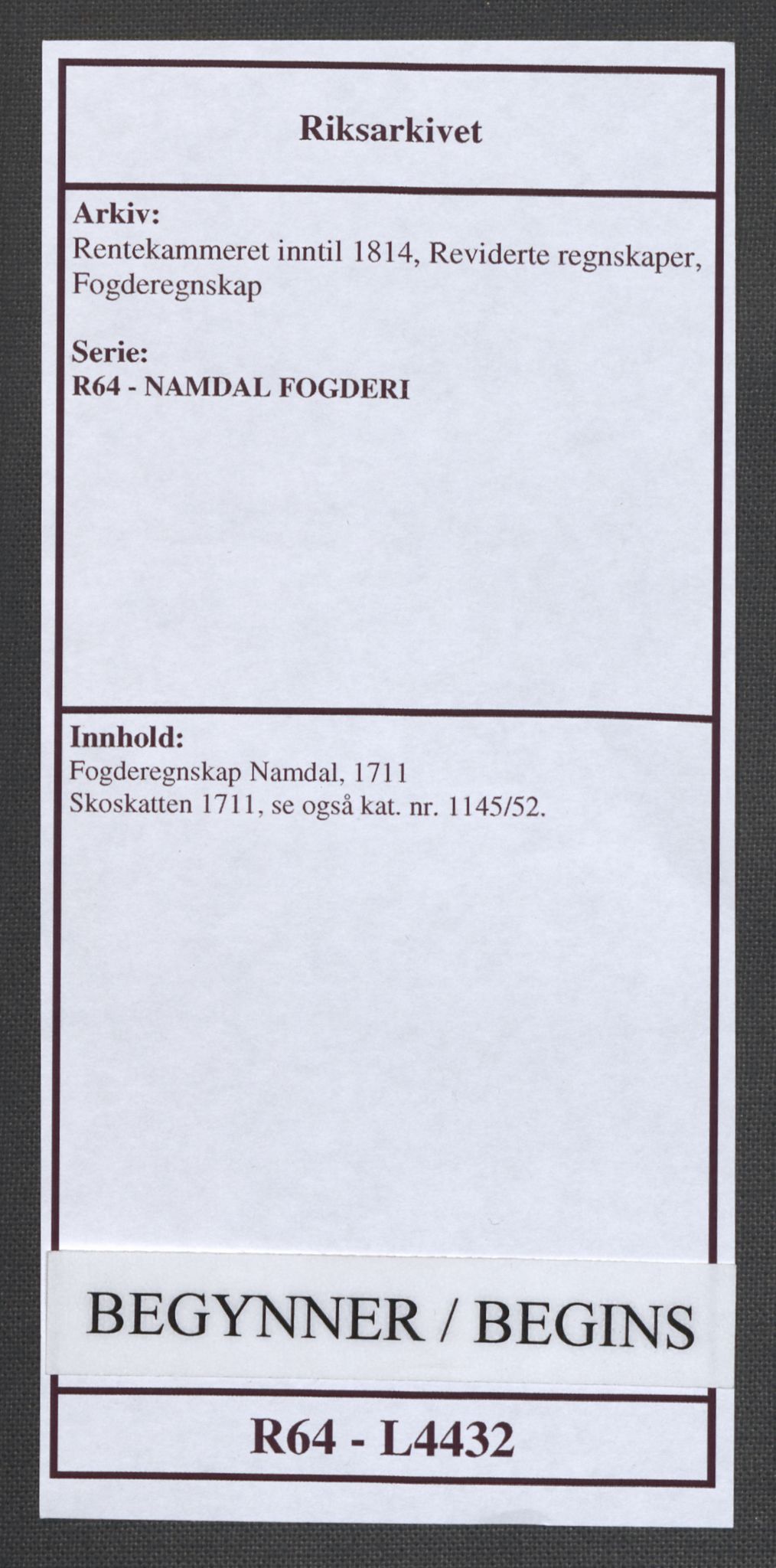 Rentekammeret inntil 1814, Reviderte regnskaper, Fogderegnskap, RA/EA-4092/R64/L4432: Fogderegnskap Namdal, 1711, s. 1
