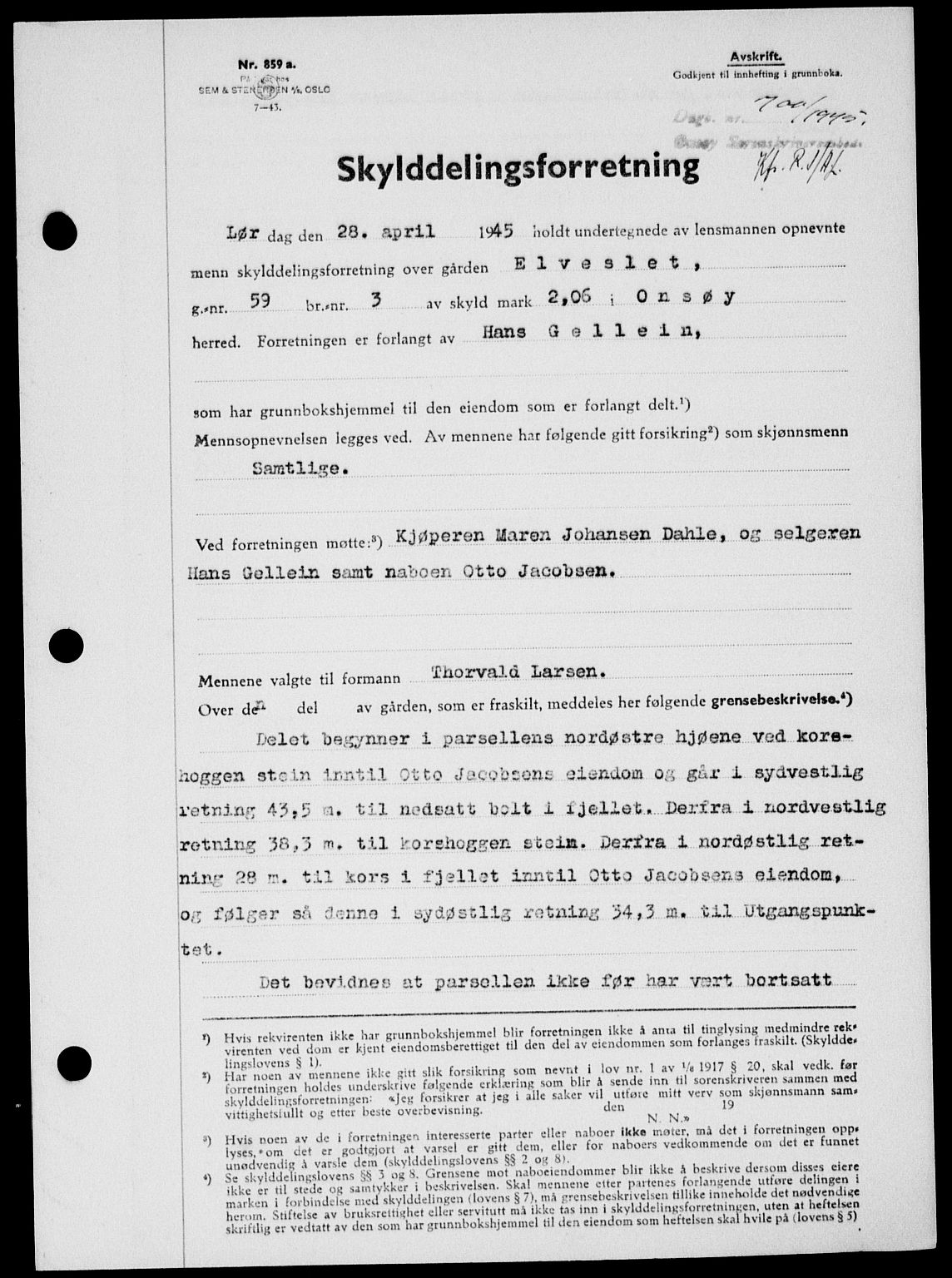Onsøy sorenskriveri, SAO/A-10474/G/Ga/Gab/L0014: Pantebok nr. II A-14, 1944-1945, Dagboknr: 700/1945