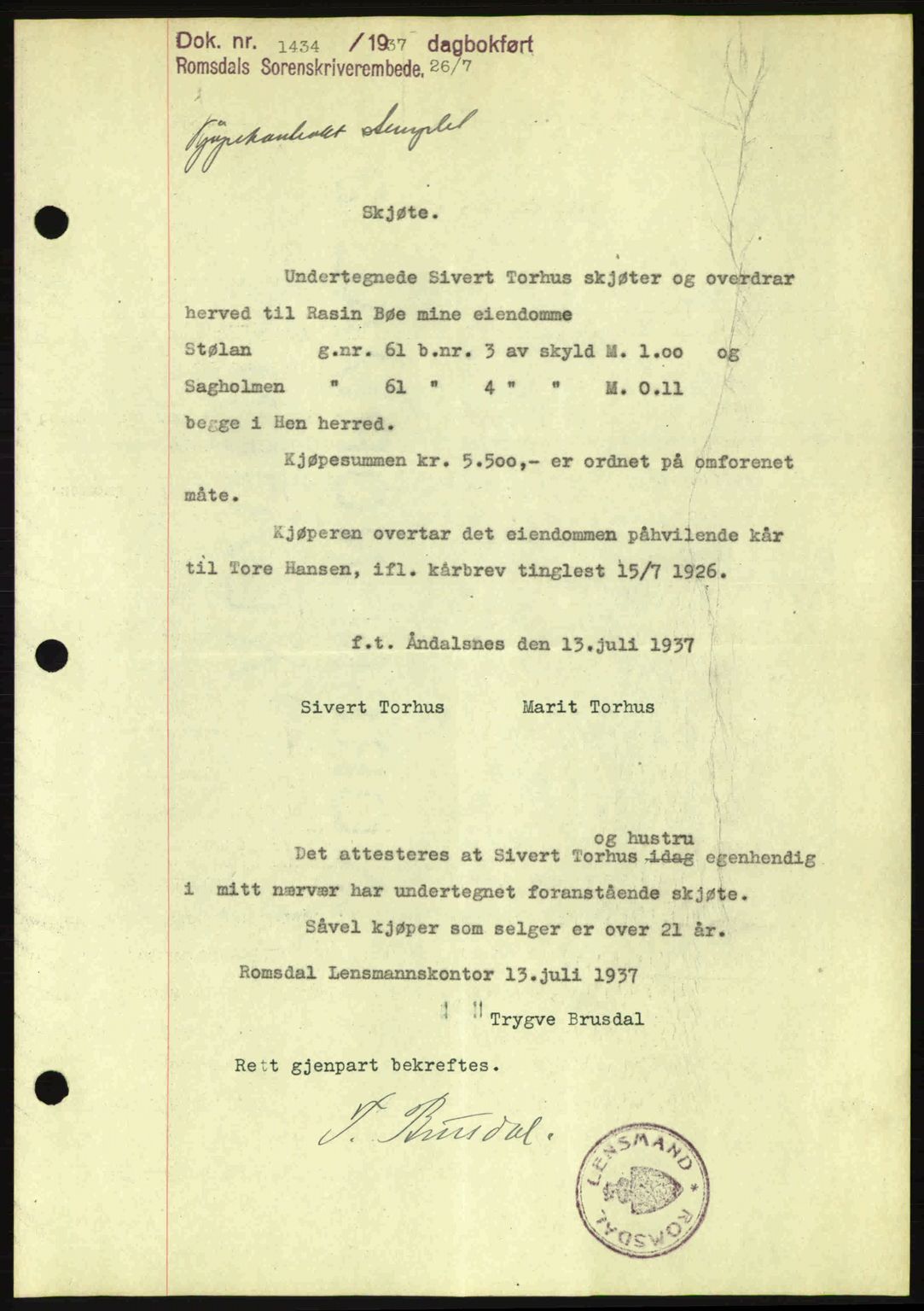 Romsdal sorenskriveri, SAT/A-4149/1/2/2C: Pantebok nr. A3, 1937-1937, Dagboknr: 1434/1937