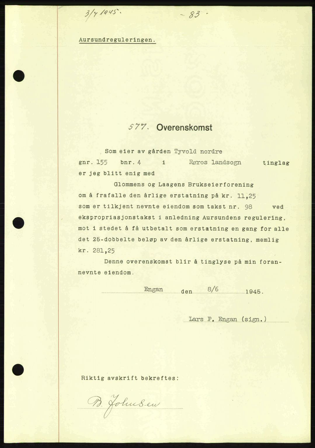 Gauldal sorenskriveri, SAT/A-0014/1/2/2C: Pantebok nr. A1a, 1945-1945, Dagboknr: 577/1945