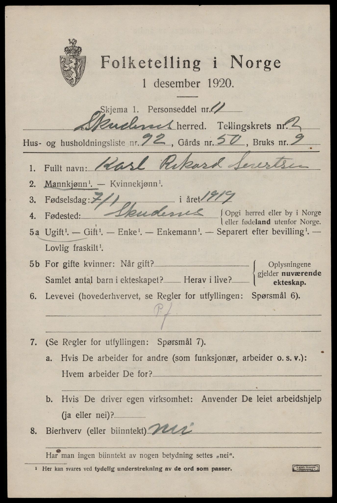 SAST, Folketelling 1920 for 1150 Skudenes herred, 1920, s. 2438