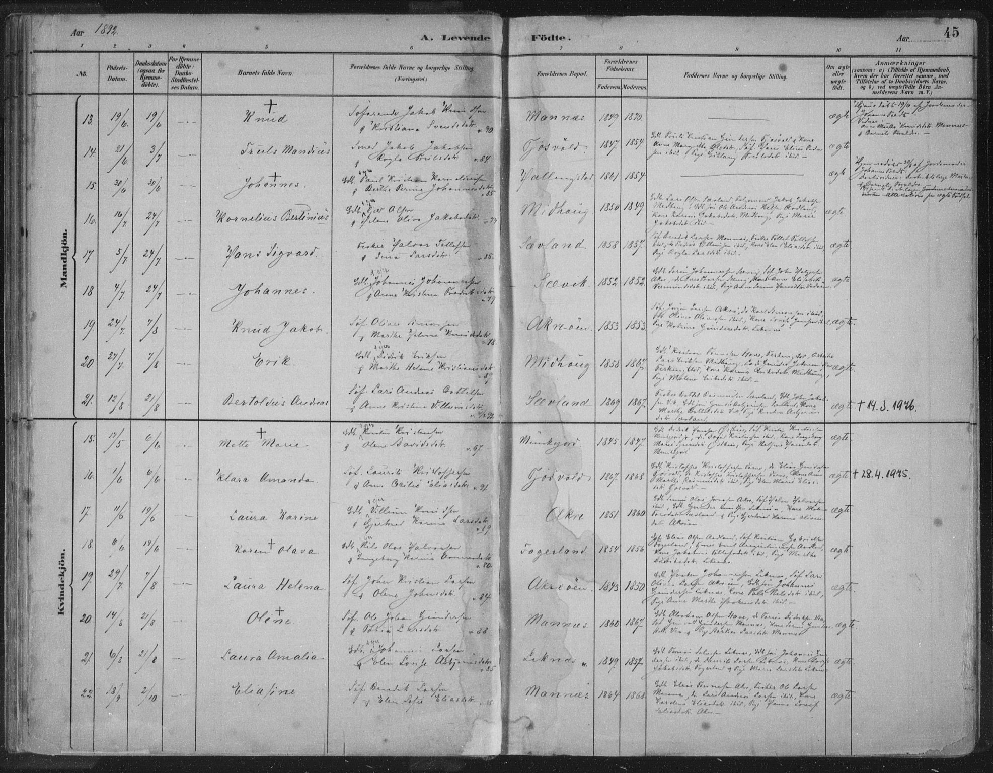 Kopervik sokneprestkontor, AV/SAST-A-101850/H/Ha/Haa/L0004: Ministerialbok nr. A 4, 1882-1905, s. 45