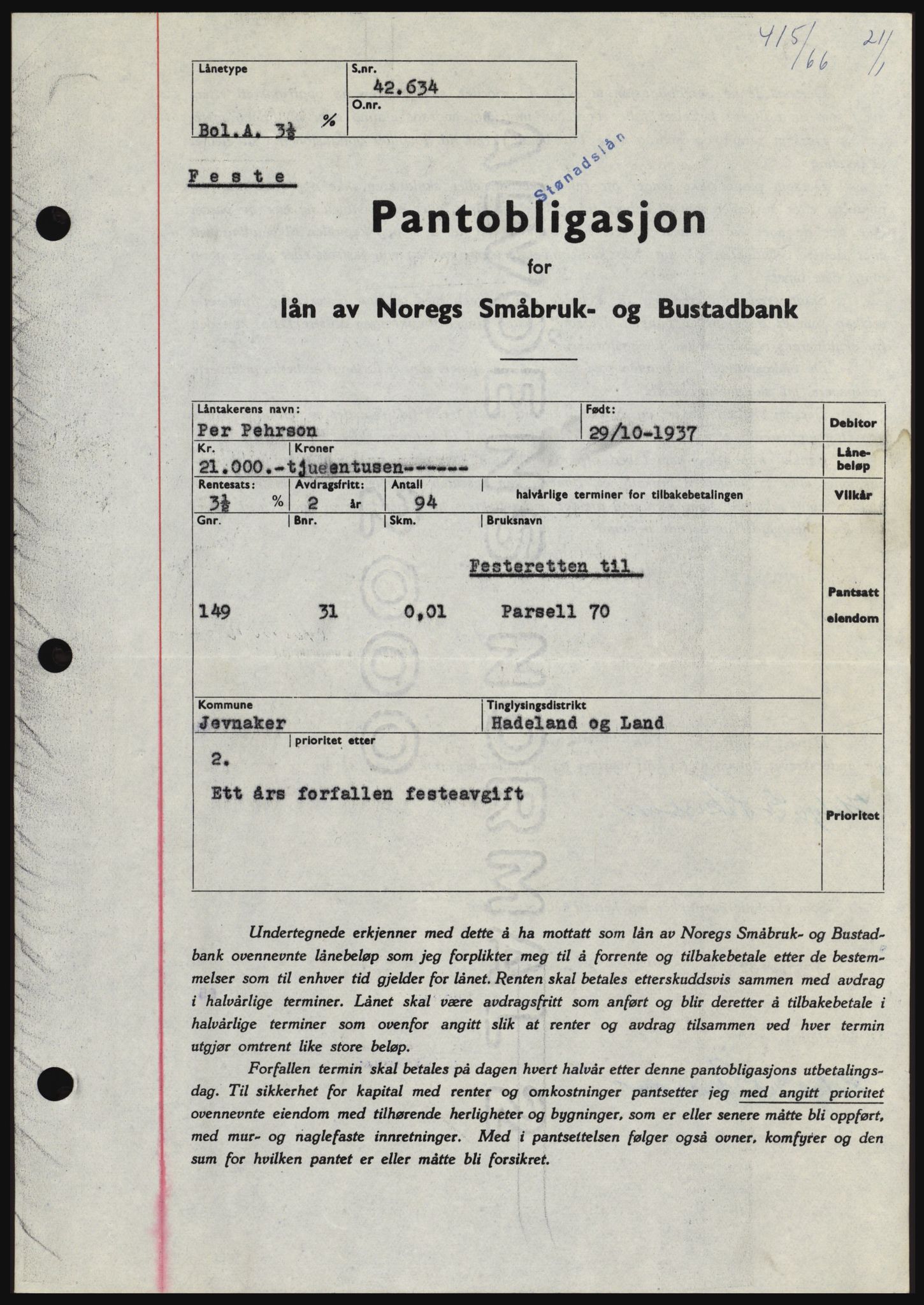 Hadeland og Land tingrett, SAH/TING-010/H/Hb/Hbc/L0061: Pantebok nr. B61, 1965-1966, Dagboknr: 415/1966