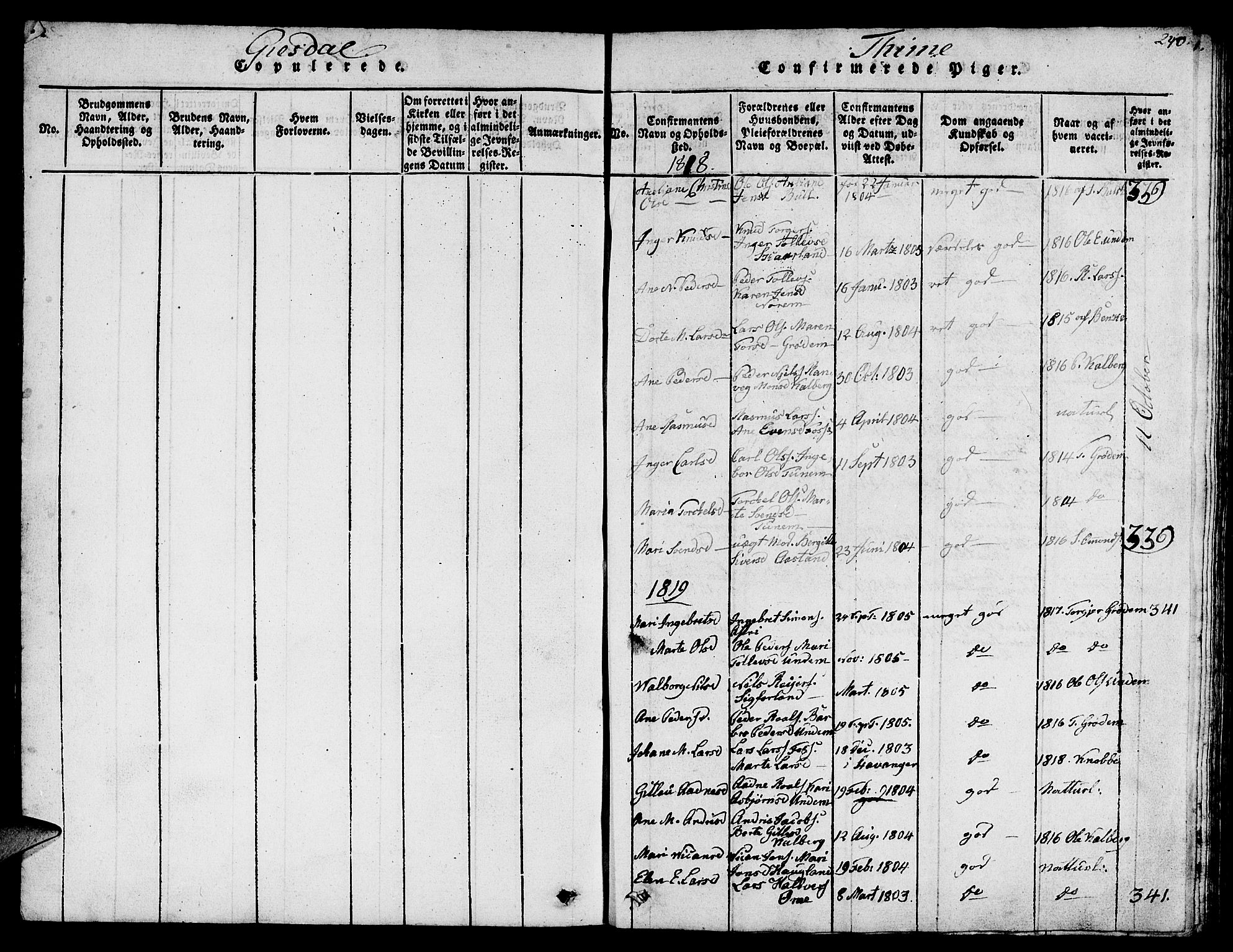 Lye sokneprestkontor, SAST/A-101794/001/30BB/L0001: Klokkerbok nr. B 1 /1, 1816-1826, s. 240