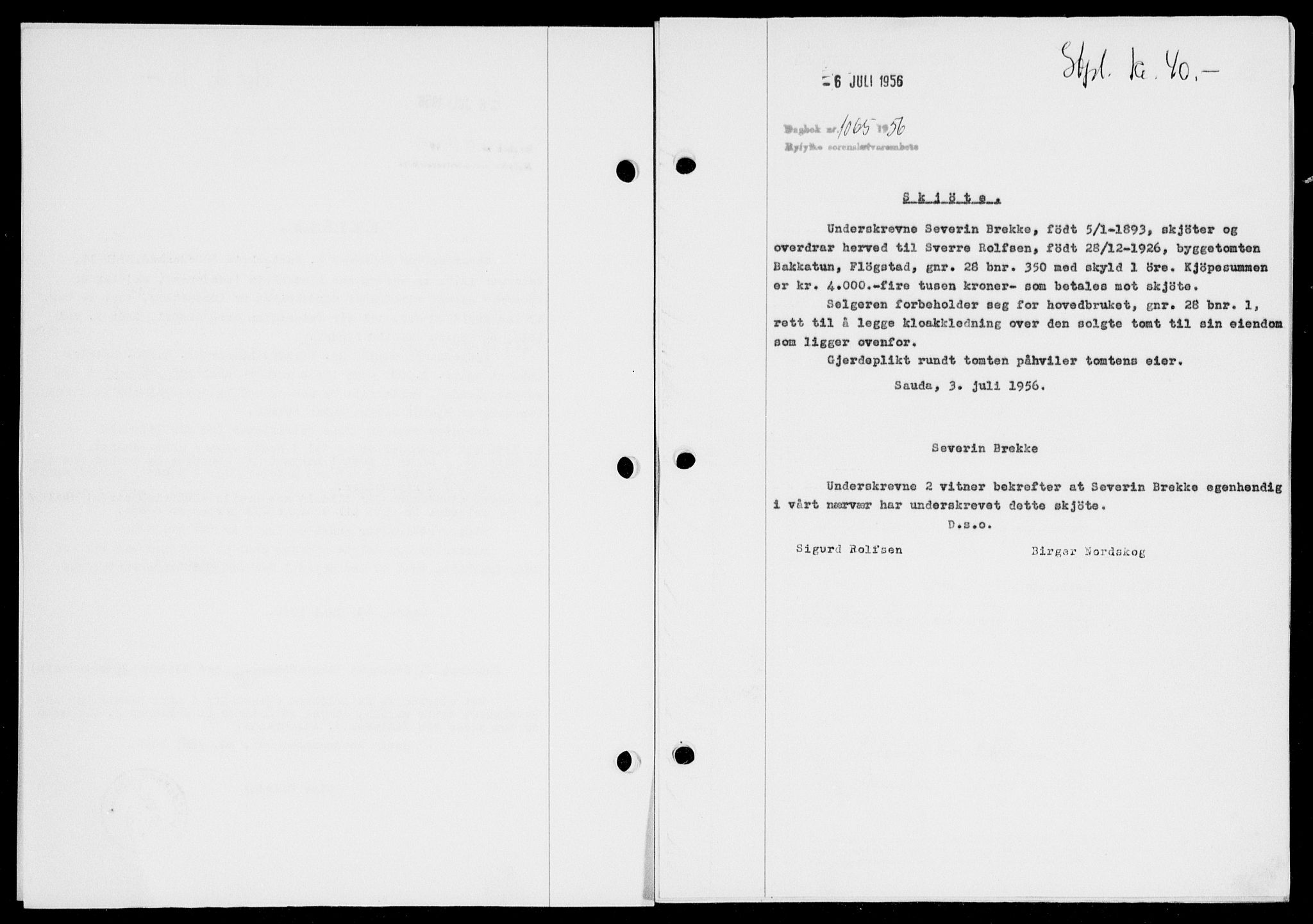 Ryfylke tingrett, SAST/A-100055/001/II/IIB/L0134: Pantebok nr. 113, 1956-1956, Dagboknr: 1065/1956