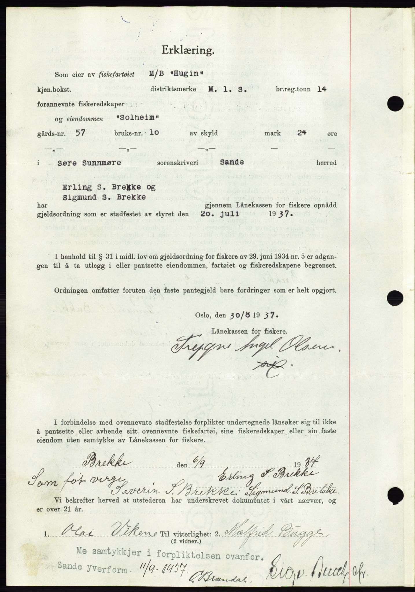 Søre Sunnmøre sorenskriveri, AV/SAT-A-4122/1/2/2C/L0064: Pantebok nr. 58, 1937-1938, Dagboknr: 1443/1937