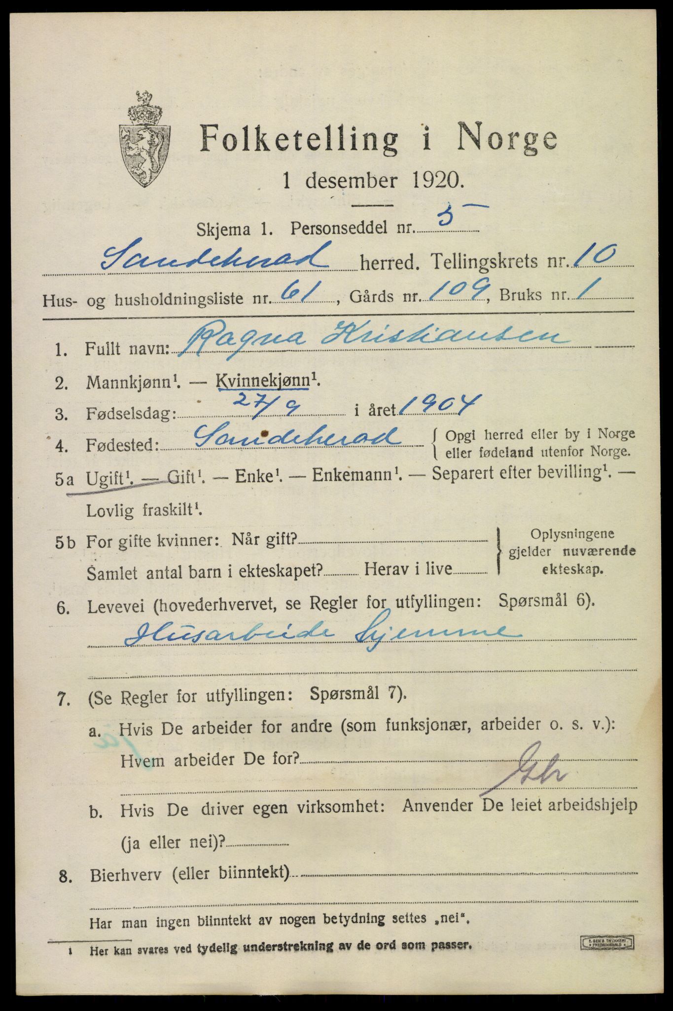 SAKO, Folketelling 1920 for 0724 Sandeherred herred, 1920, s. 15290
