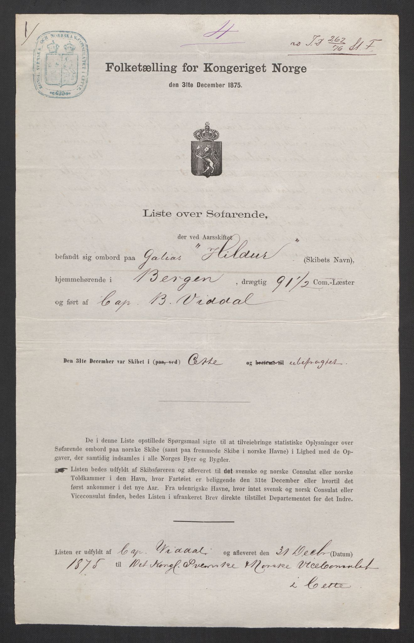 RA, Folketelling 1875, skipslister: Skip i utenrikske havner, hjemmehørende i 1) byer og ladesteder, Grimstad - Tromsø, 2) landdistrikter, 1875, s. 821