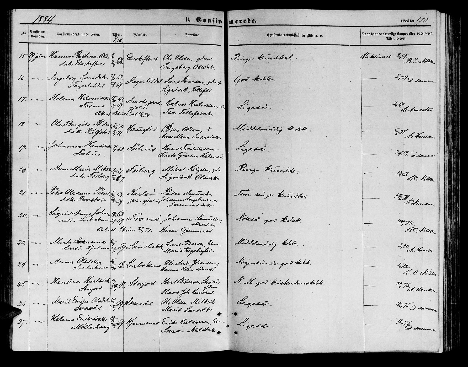 Målselv sokneprestembete, AV/SATØ-S-1311/G/Ga/Gab/L0003klokker: Klokkerbok nr. 3, 1874-1885, s. 170