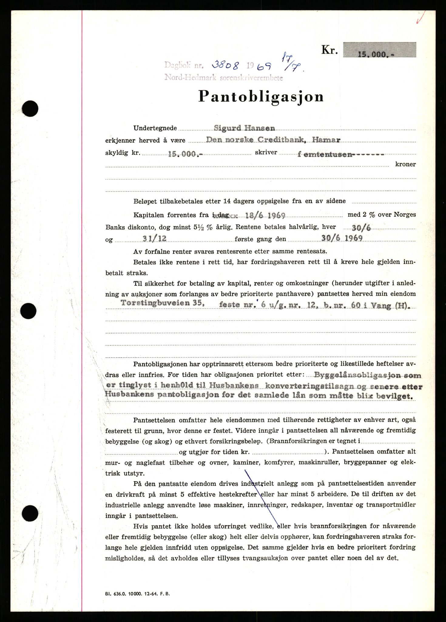 Nord-Hedmark sorenskriveri, SAH/TING-012/H/Hb/Hbf/L0080: Pantebok nr. B80, 1969-1969, Dagboknr: 3808/1969