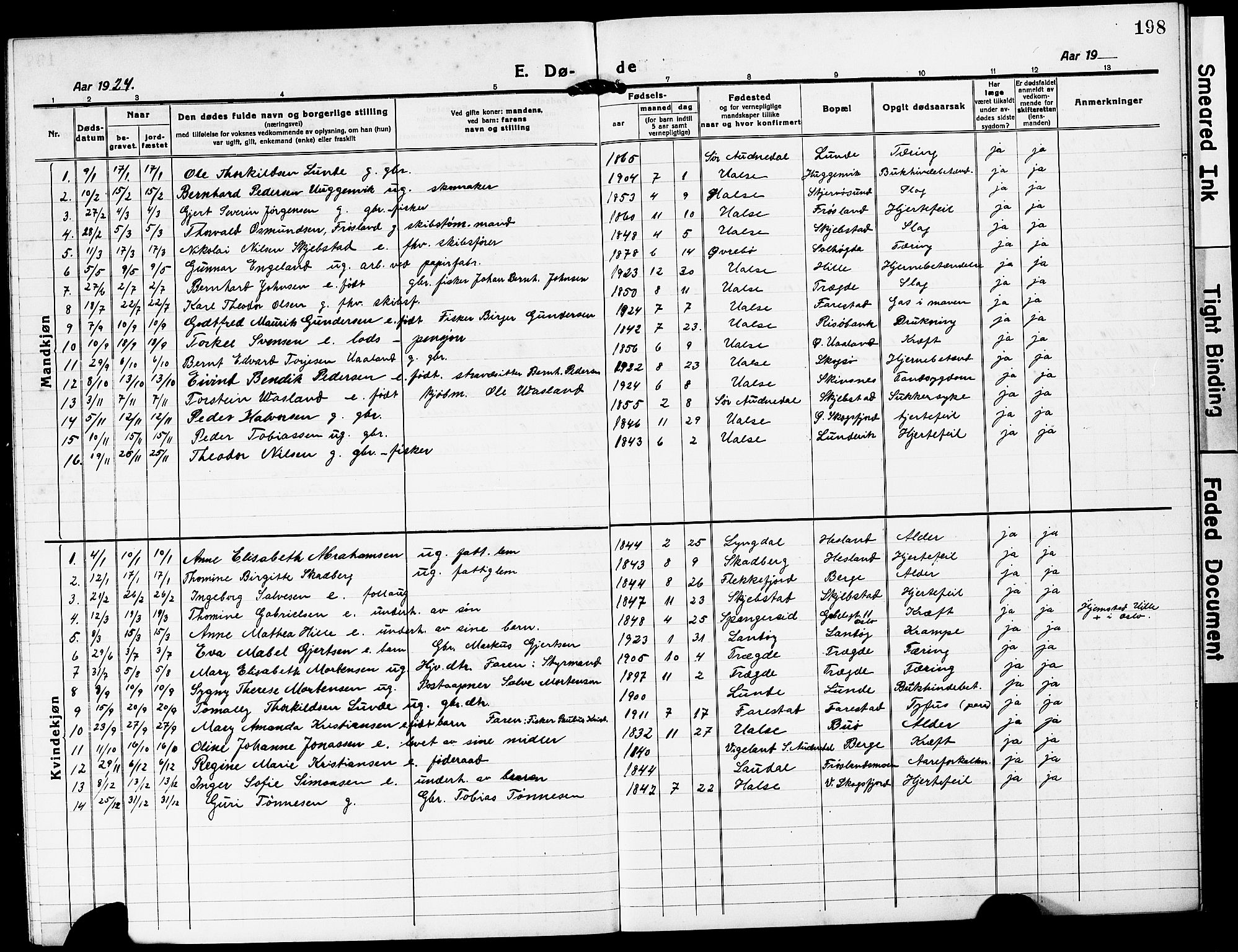 Mandal sokneprestkontor, AV/SAK-1111-0030/F/Fb/Fba/L0013: Klokkerbok nr. B 7, 1918-1931, s. 198