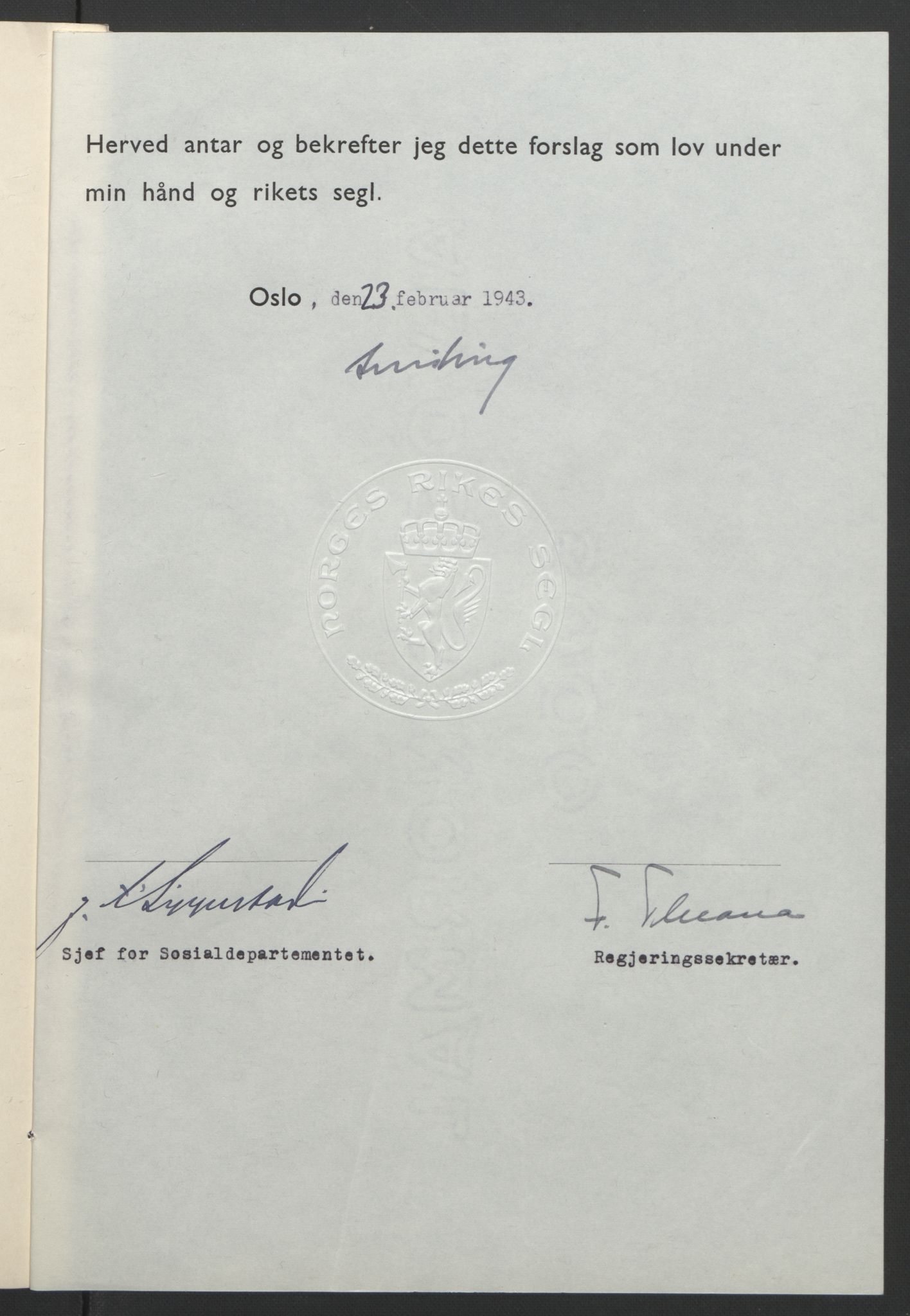 NS-administrasjonen 1940-1945 (Statsrådsekretariatet, de kommisariske statsråder mm), AV/RA-S-4279/D/Db/L0099: Lover, 1943, s. 145